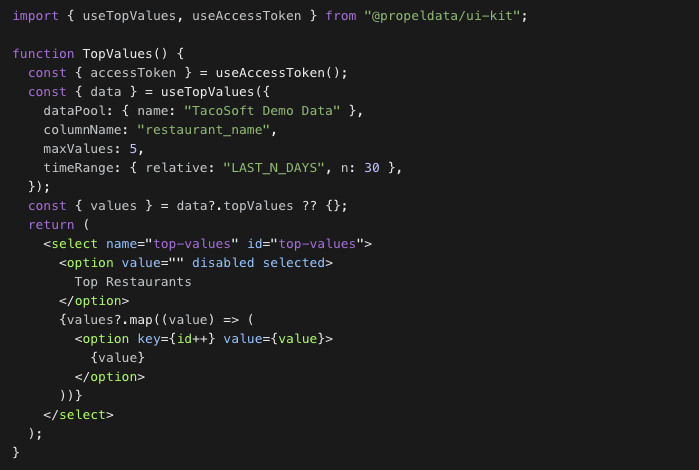 Code example of Propel's UI Kit Query Hooks