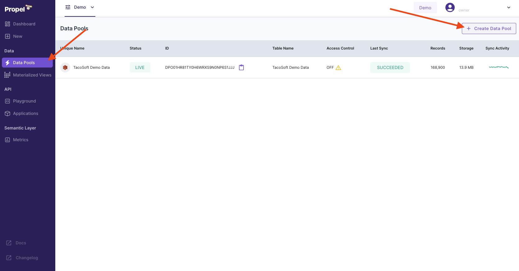Propel Data Pool page