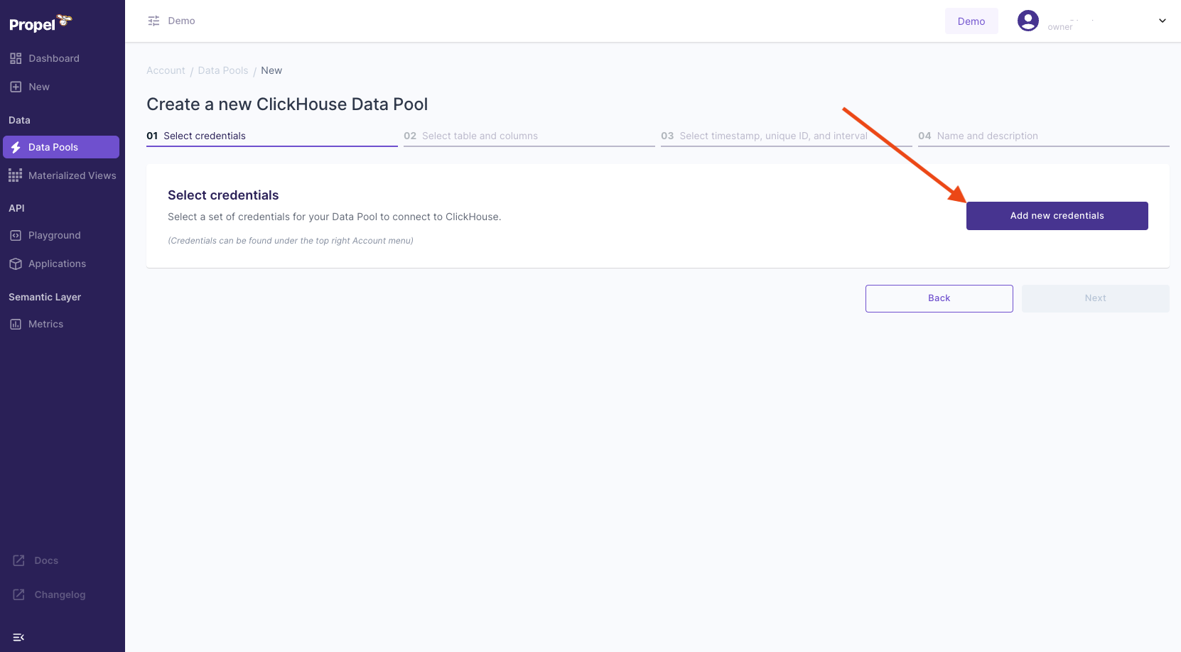 Propel add credentials page