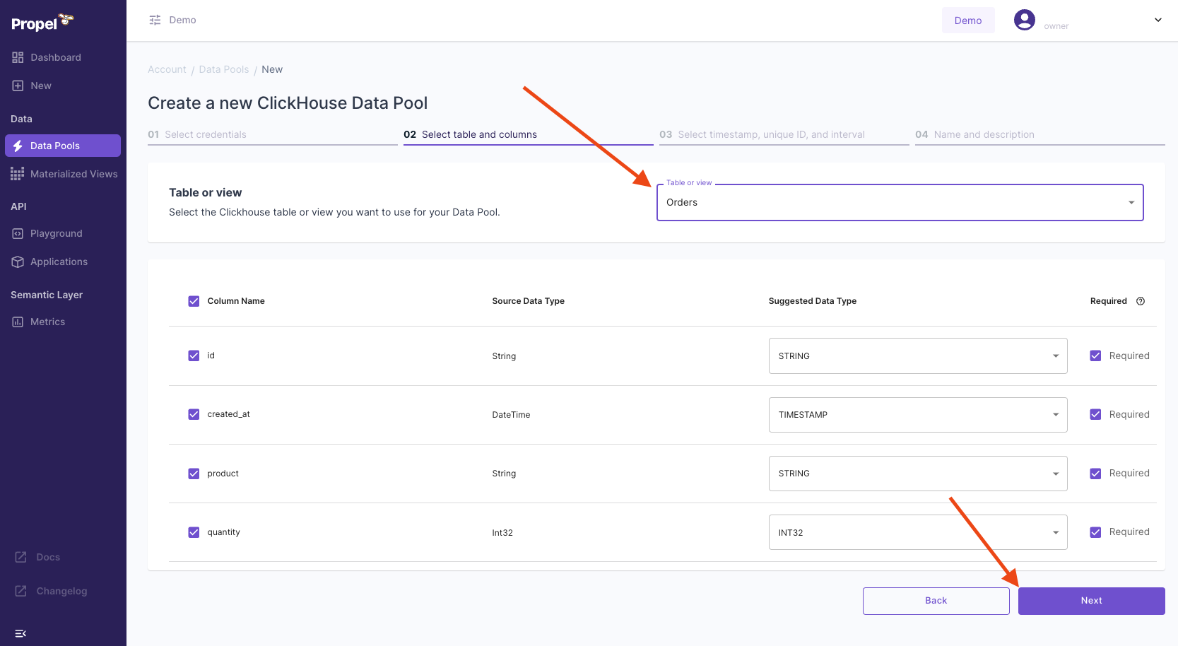 Propel new ClickHouse Data Pool table selection
