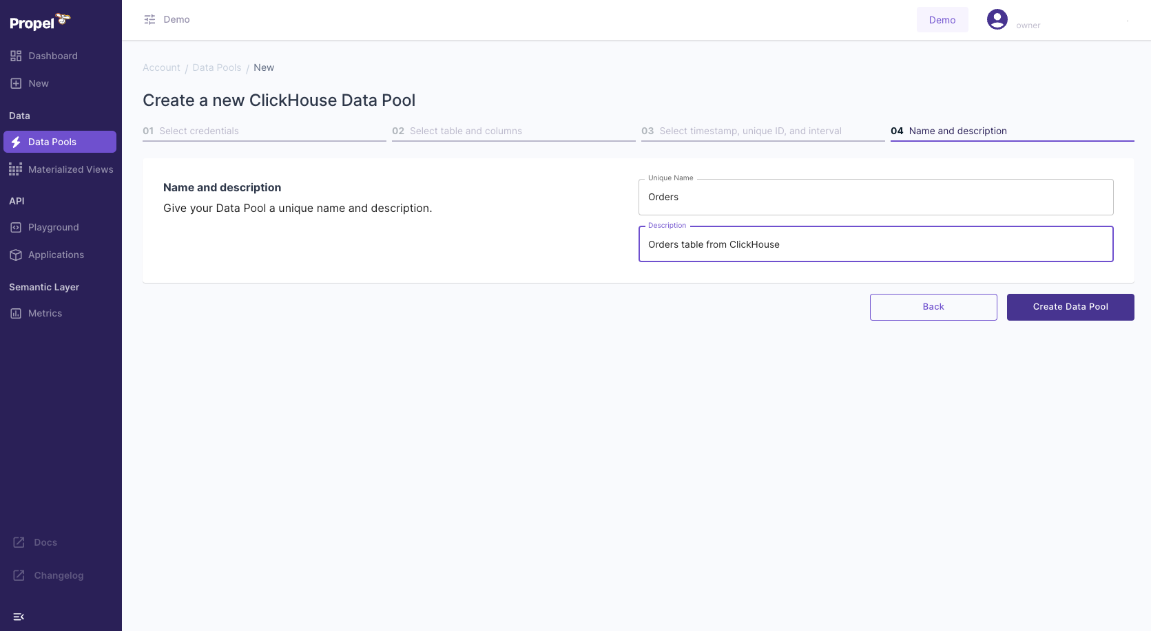 Propel new ClickHouse Data Pool name and description