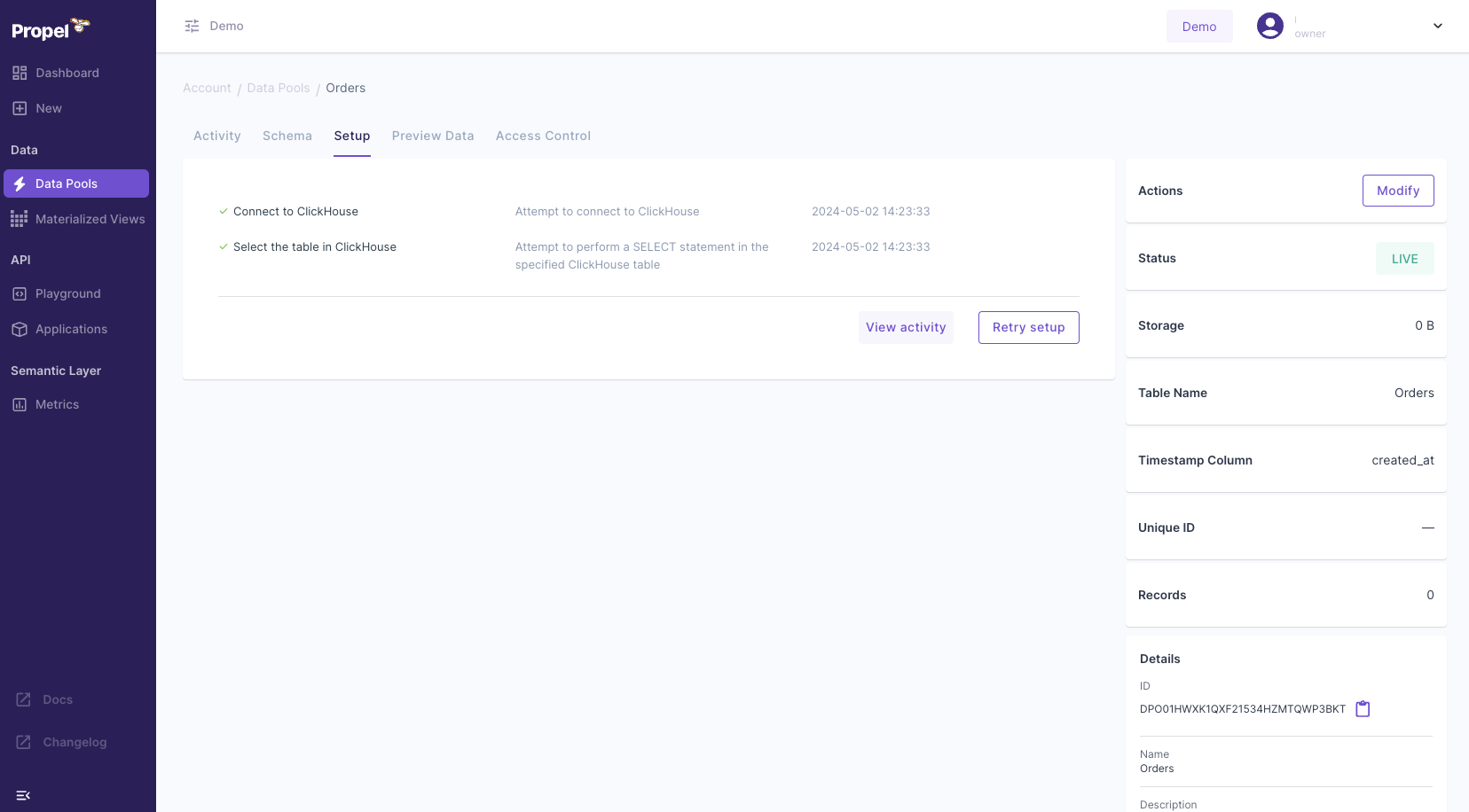 Propel new ClickHouse Data Pool setup tasks