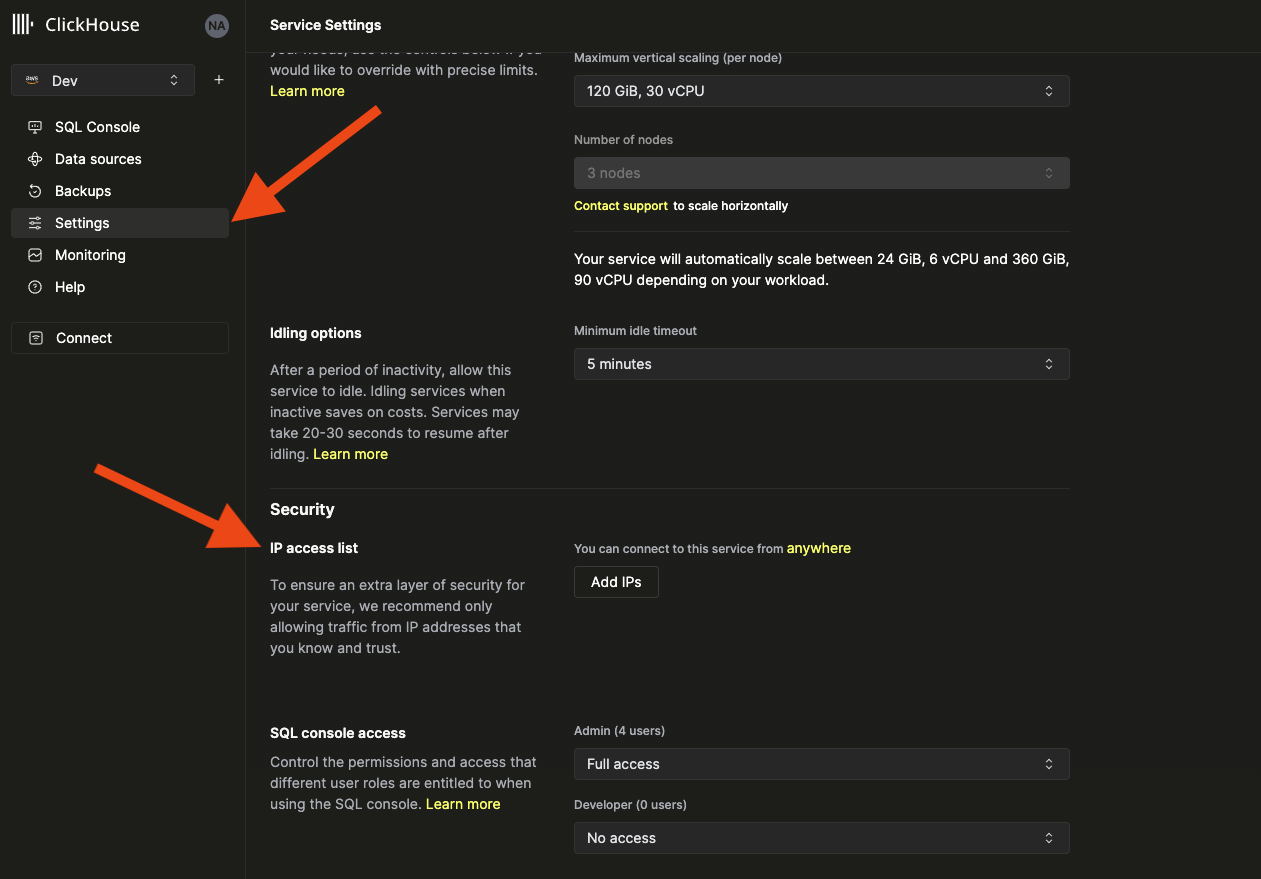 Screen capture of the ClickHouse Cloud Settings page