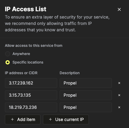Screen capture of the ClickHouse Cloud Add IPs page