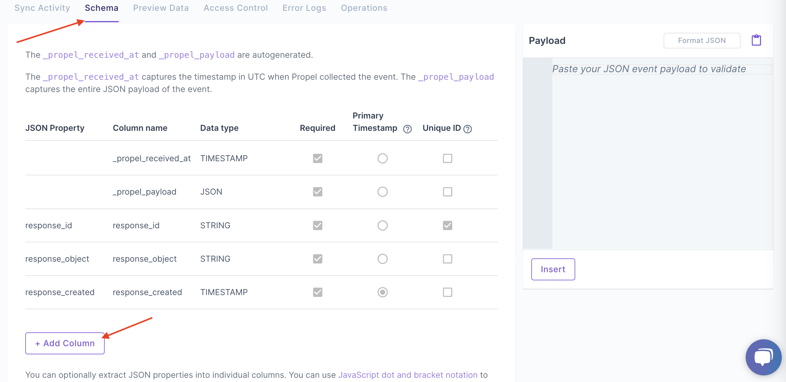 Screenshot of the Data Pool schema page showing where to add a column.