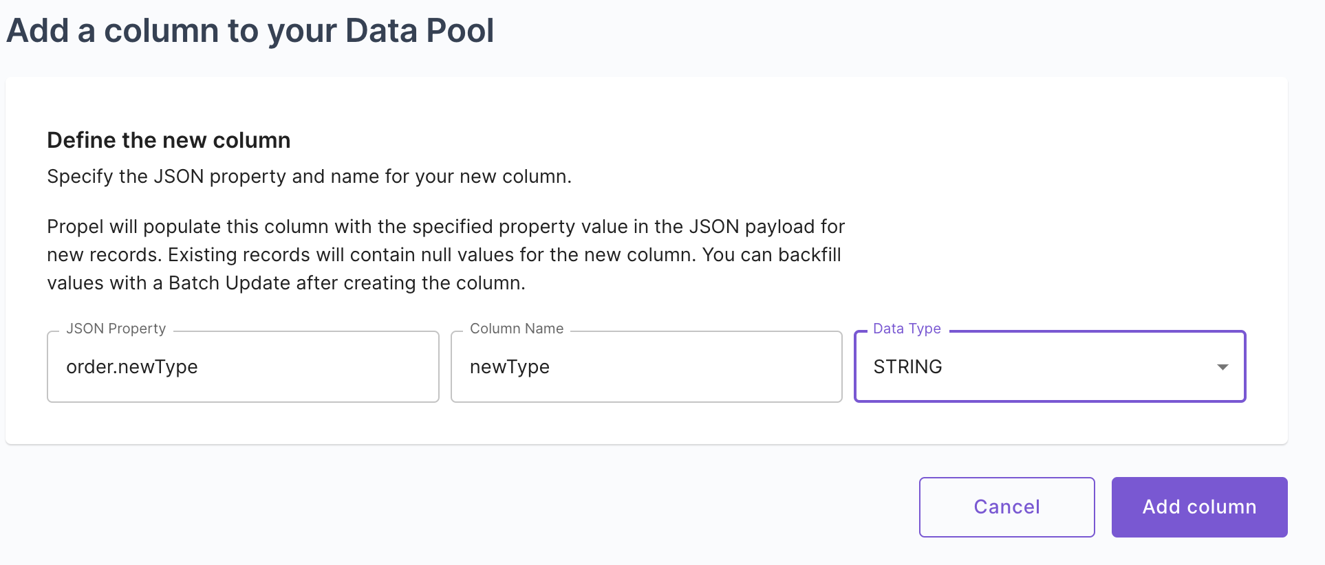 Screenshot of the fields to add a column.