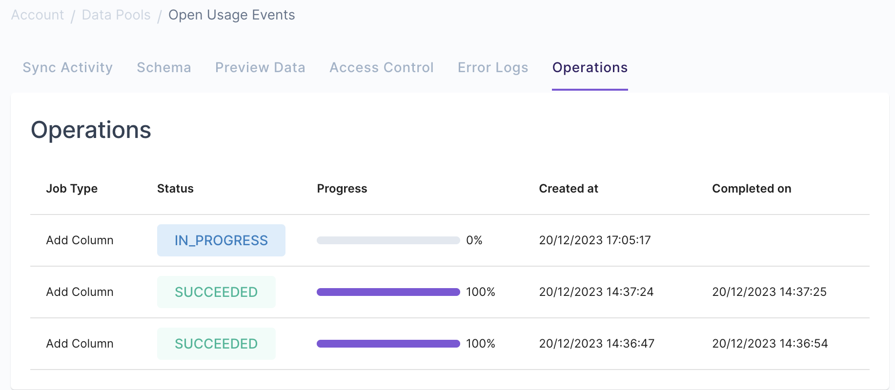Screenshot of the add column job in the Data Pool operations page.