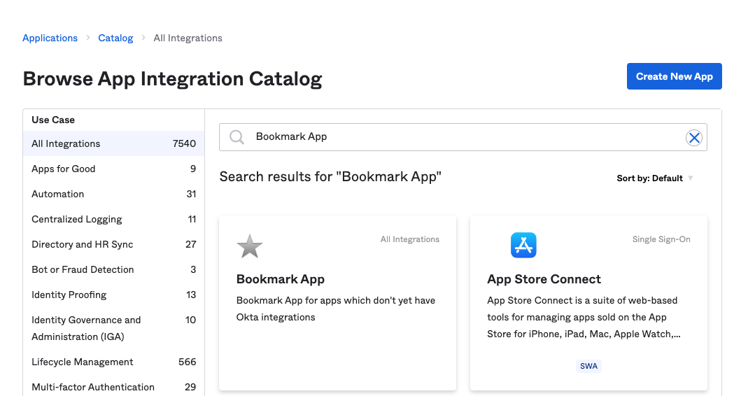 A screenshot showing how to create a new Okta bookmark app.