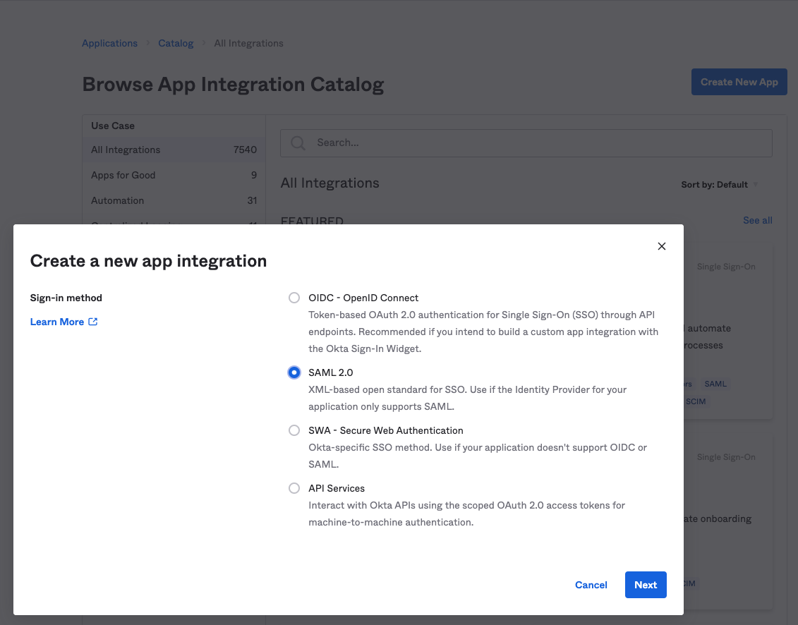 A screenshot showing the selection of SAML 2.0 as the sign-on method for a new app integration in Okta.