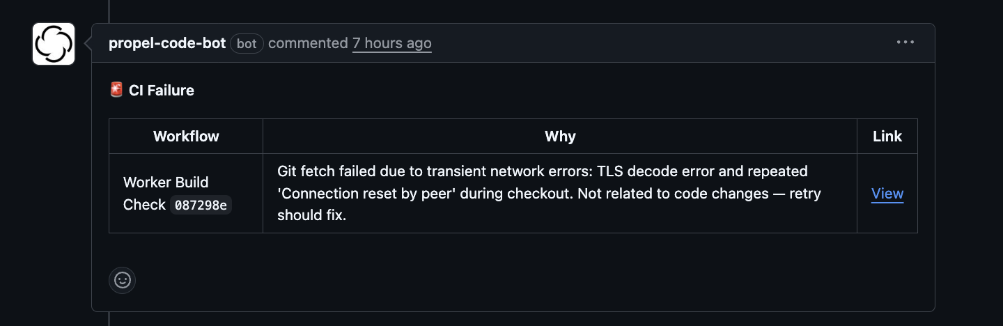 CI failure alerts review context comment