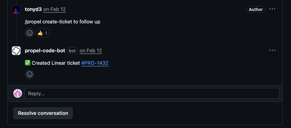 PR to ticket creation from comment thread