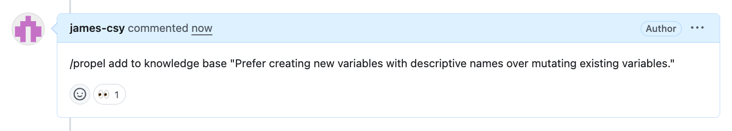 Screenshot showing a rule added to the knowledge base from a pull request comment.