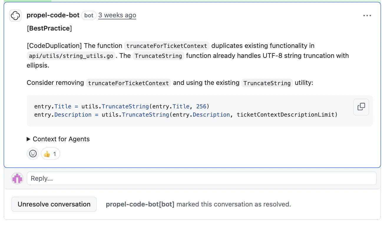 Screenshot of reaction feedback on a Propel review comment.