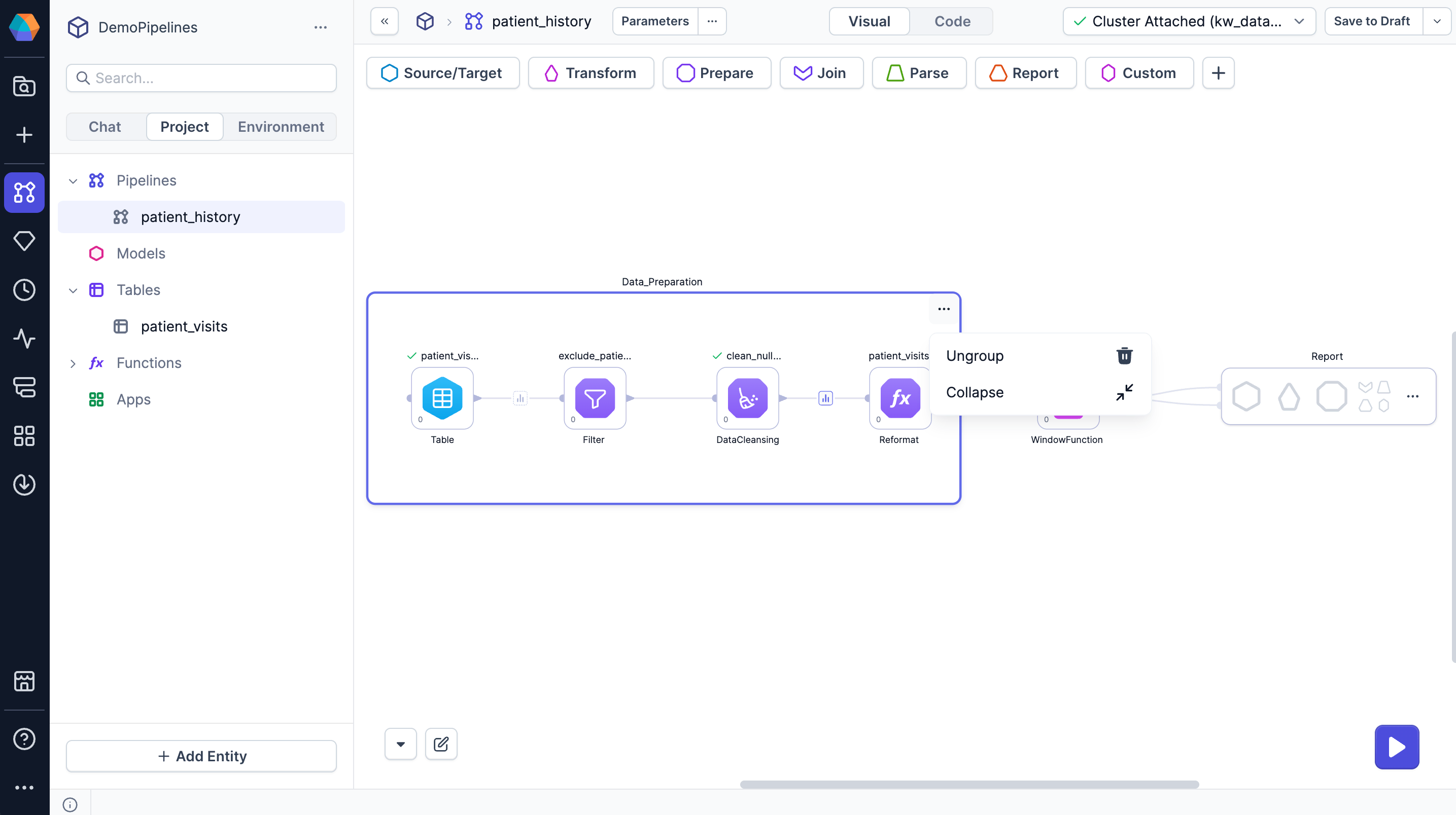Pipeline with collapsed container