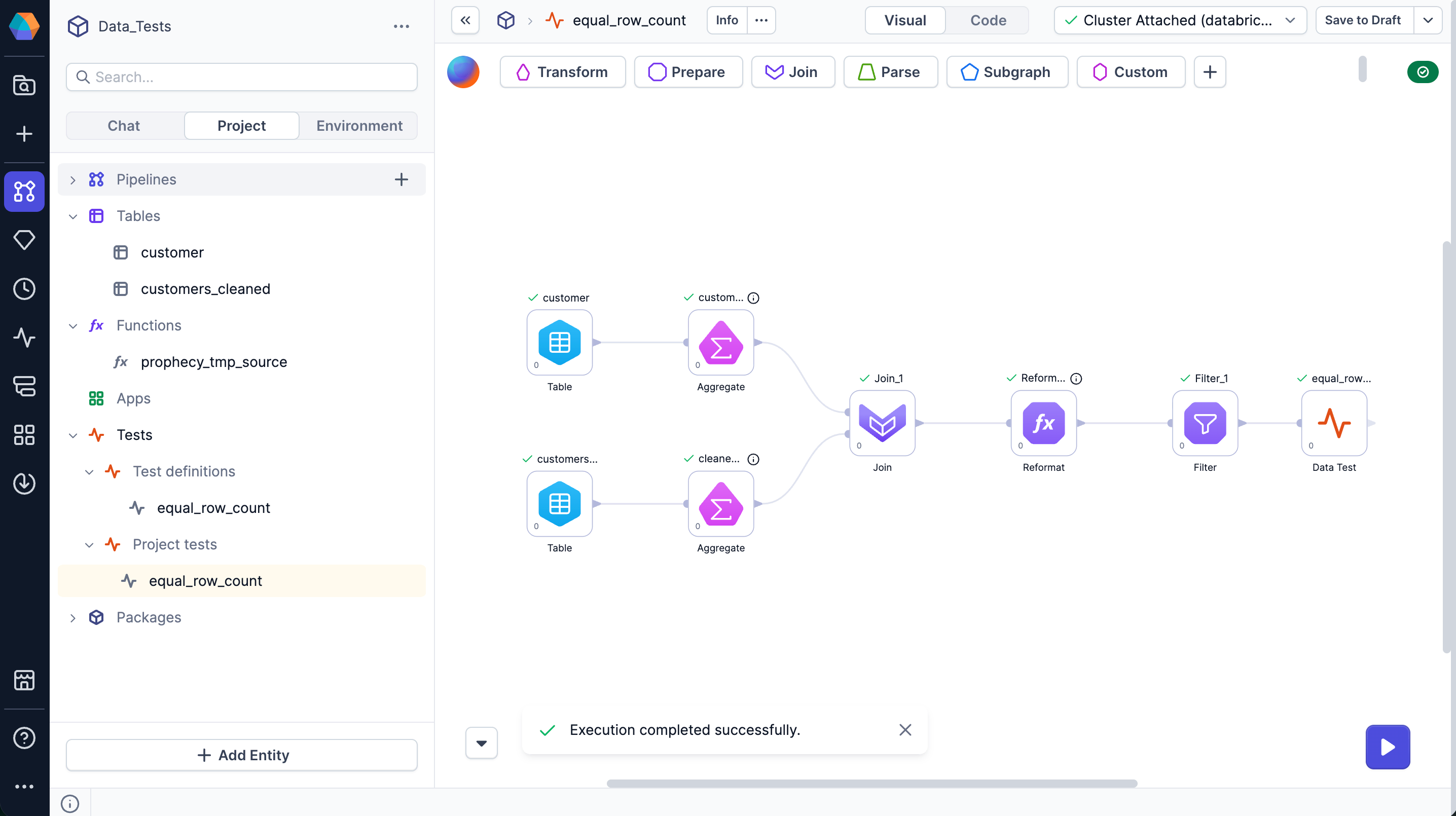 Project test pipeline showing visual gems for comparing row counts