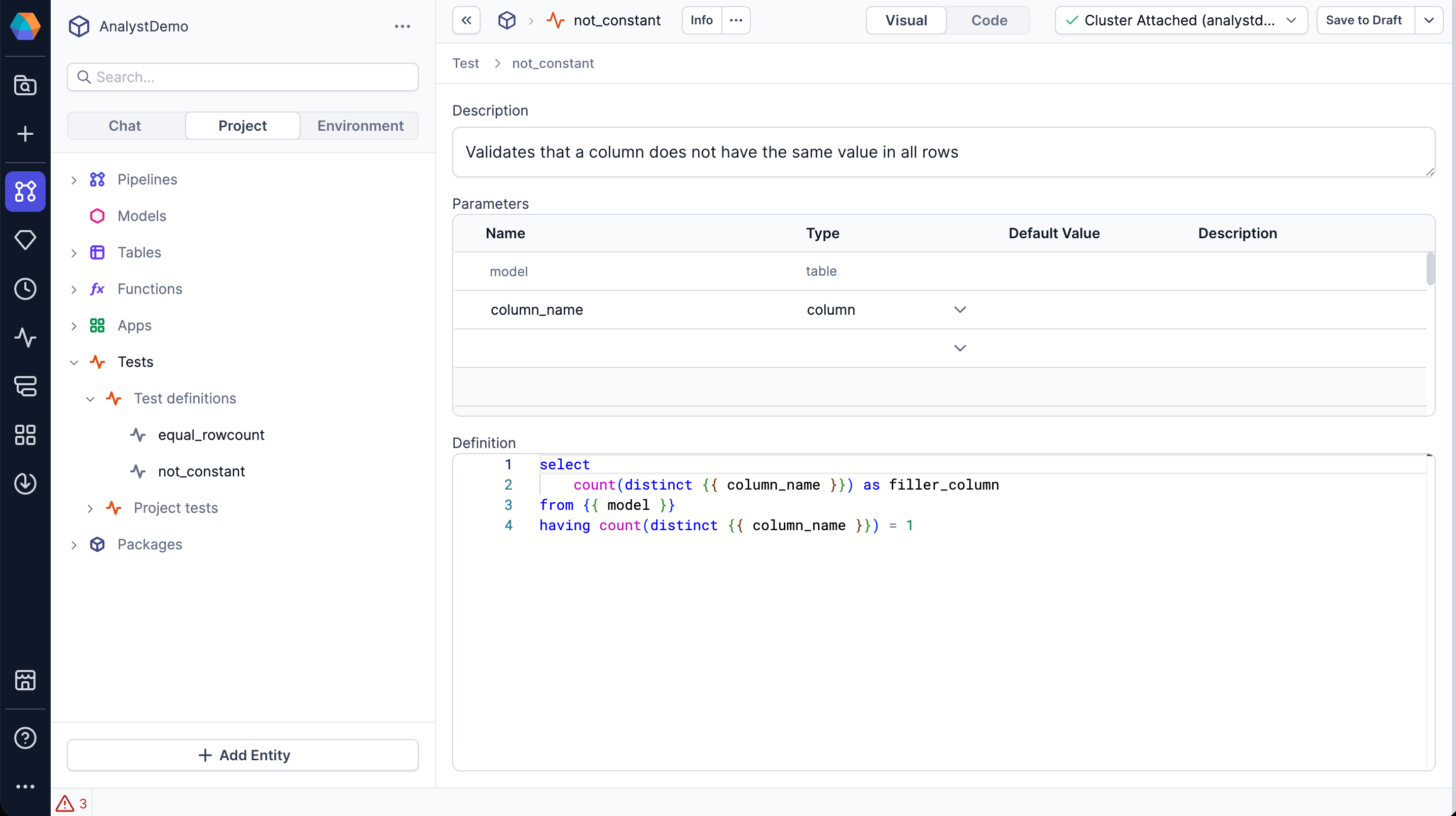 Create a new model test definition