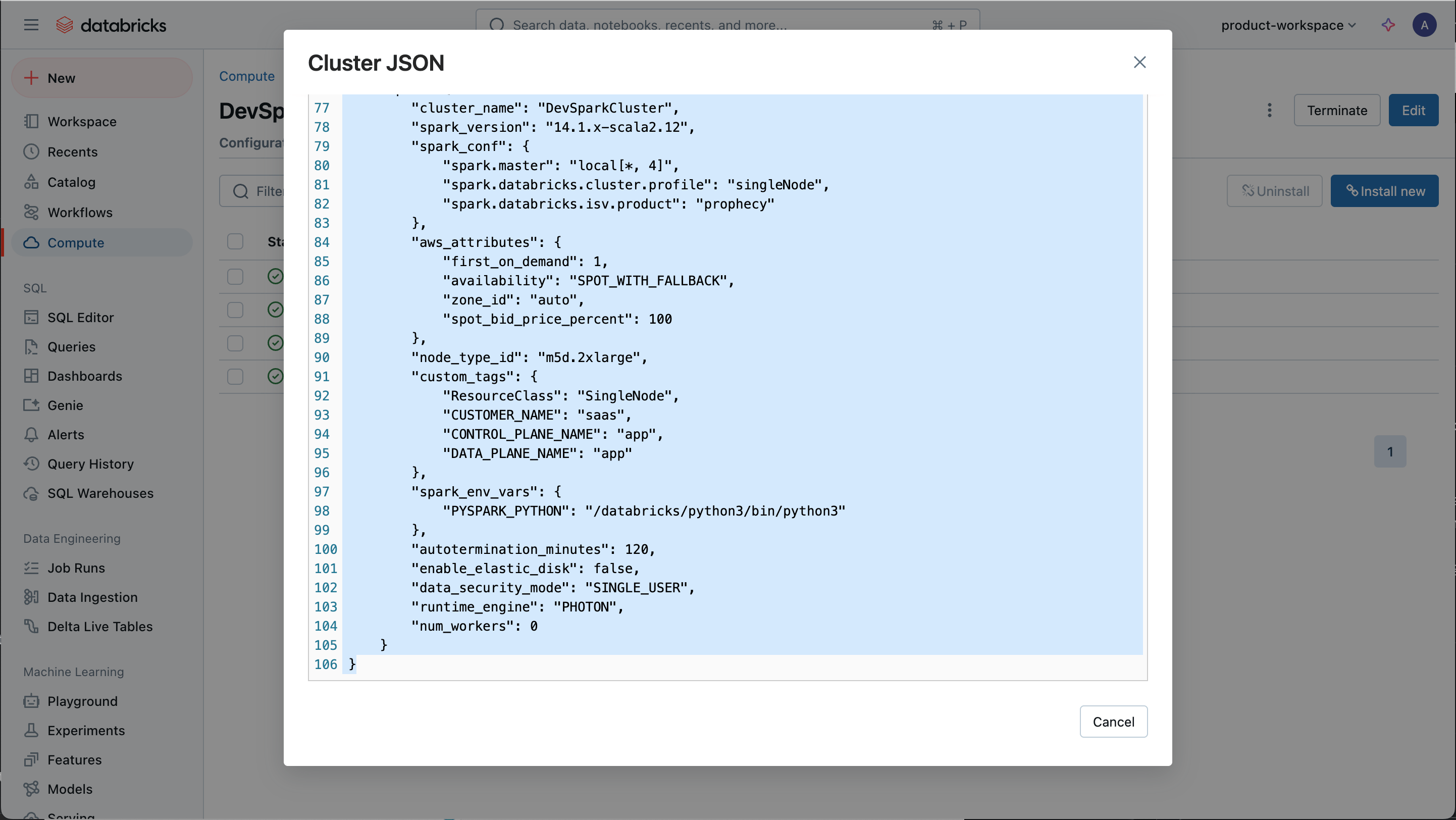 Cluster JSON example