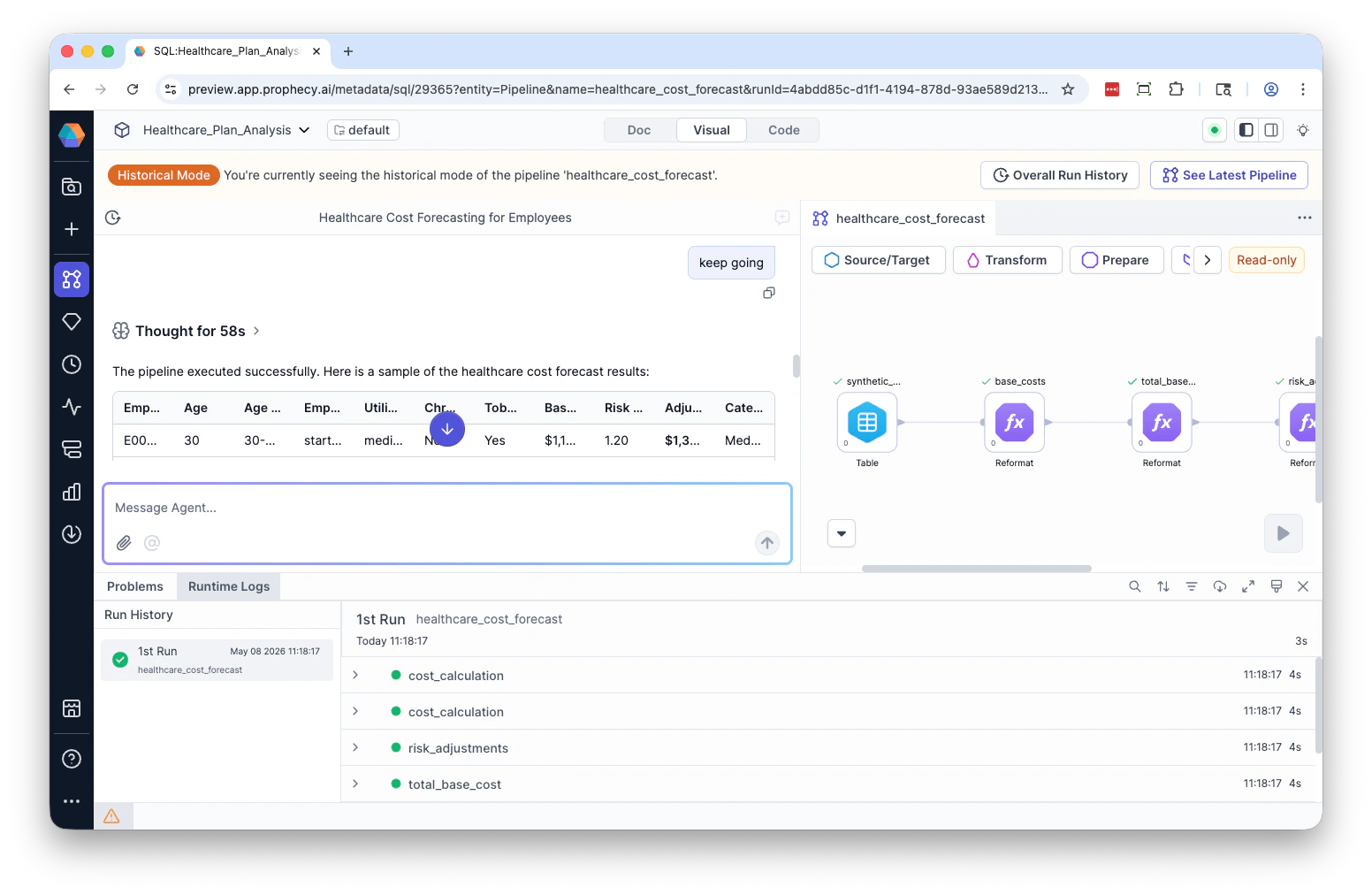 Historical runtime logs view