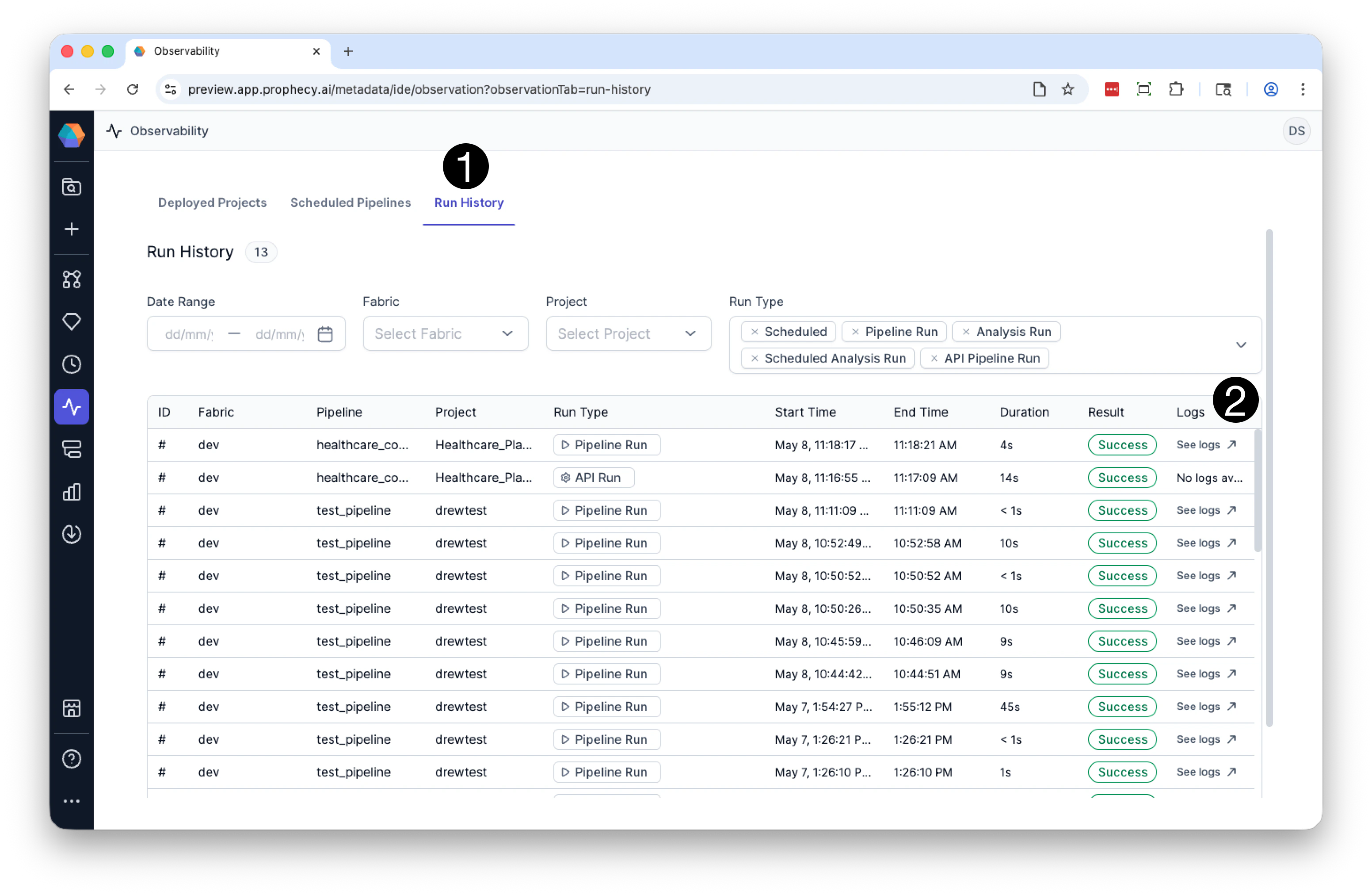 Open historical runtime logs
