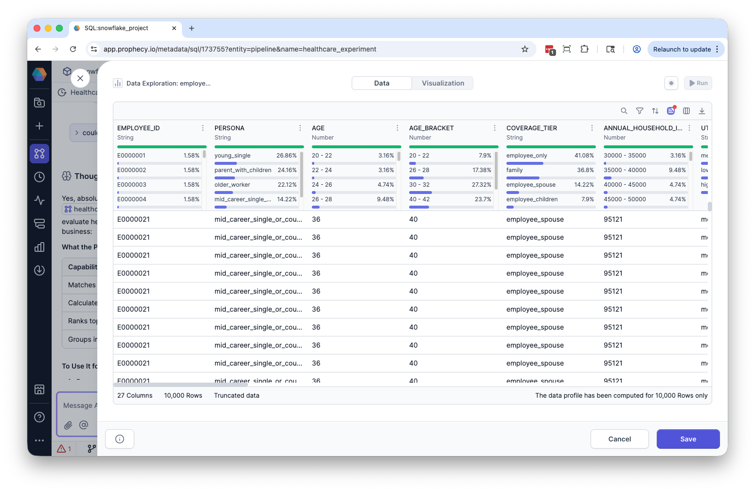 Data explorer with data analysis open