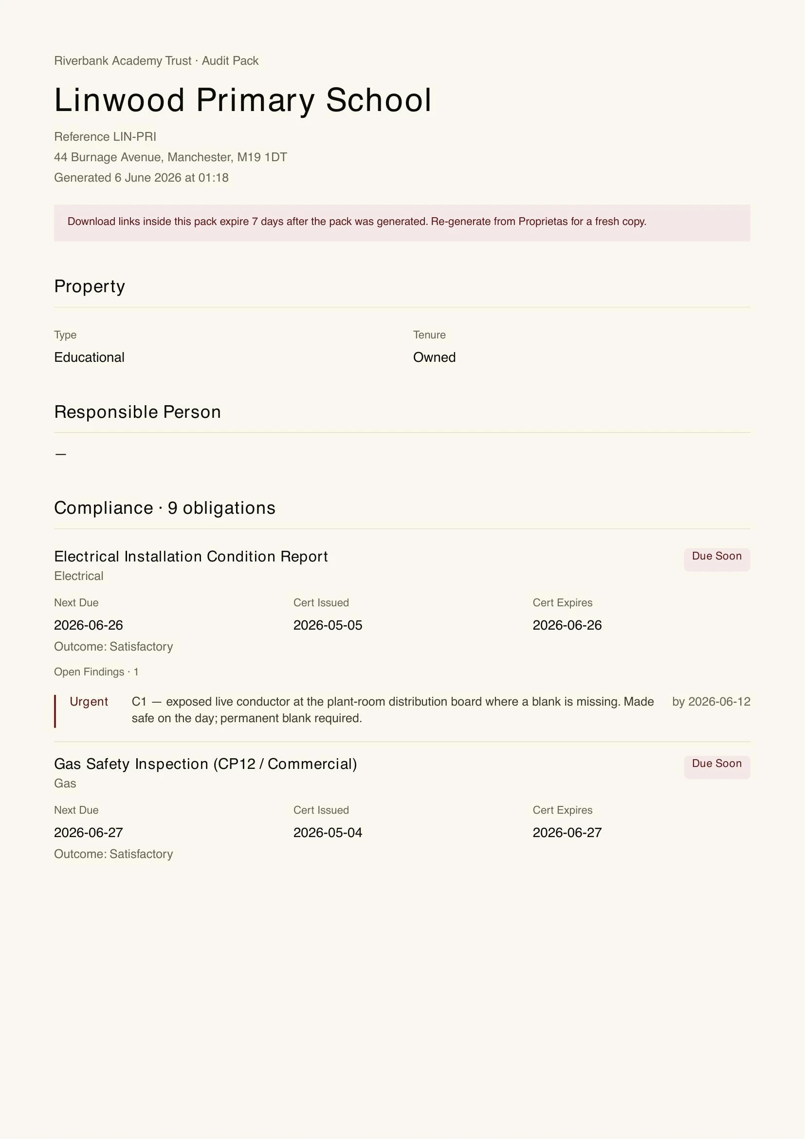 A generated audit-pack PDF — property, responsible person, and every obligation with its certificate and findings