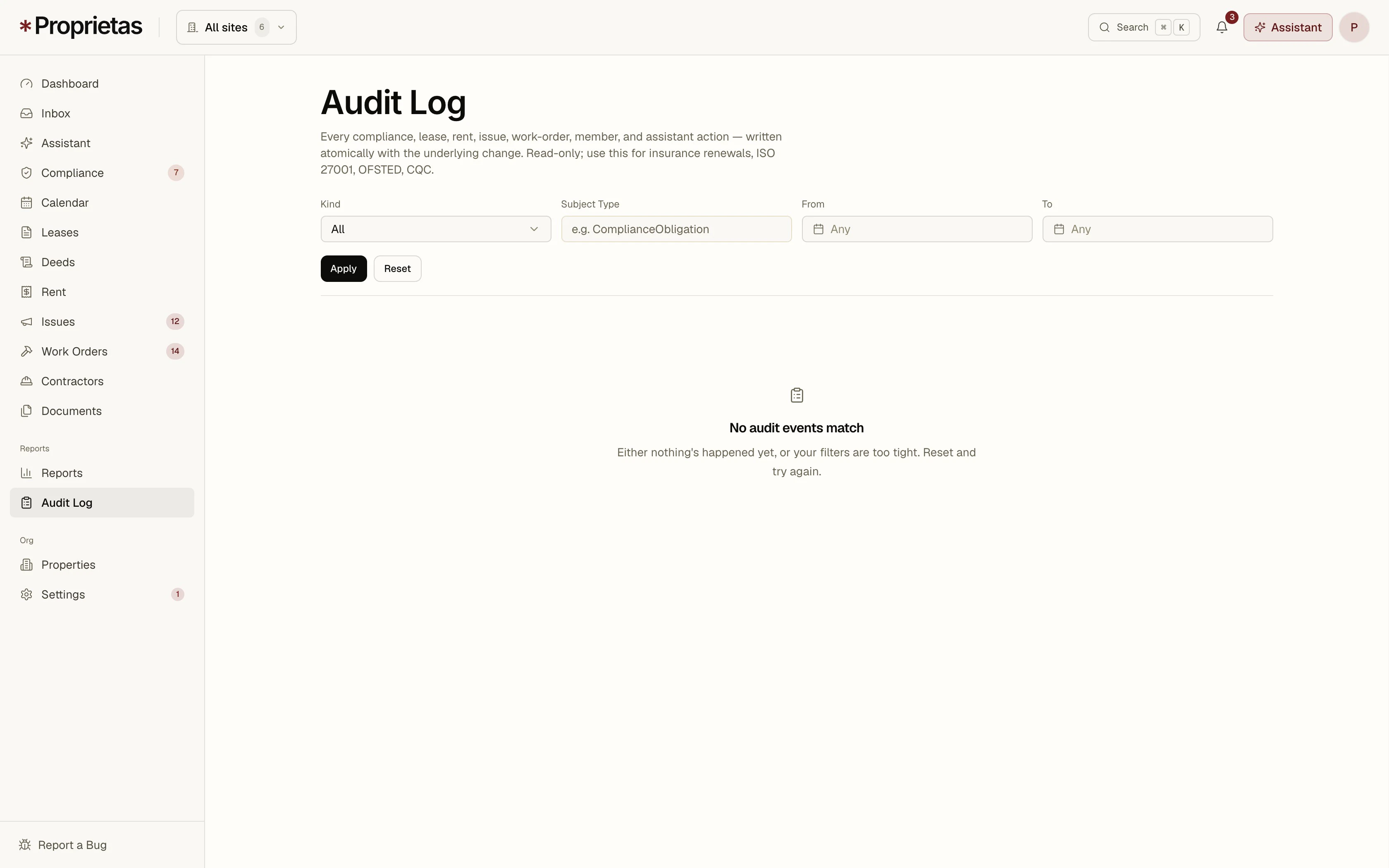 The audit log — every change with actor, time and context, filterable and exportable