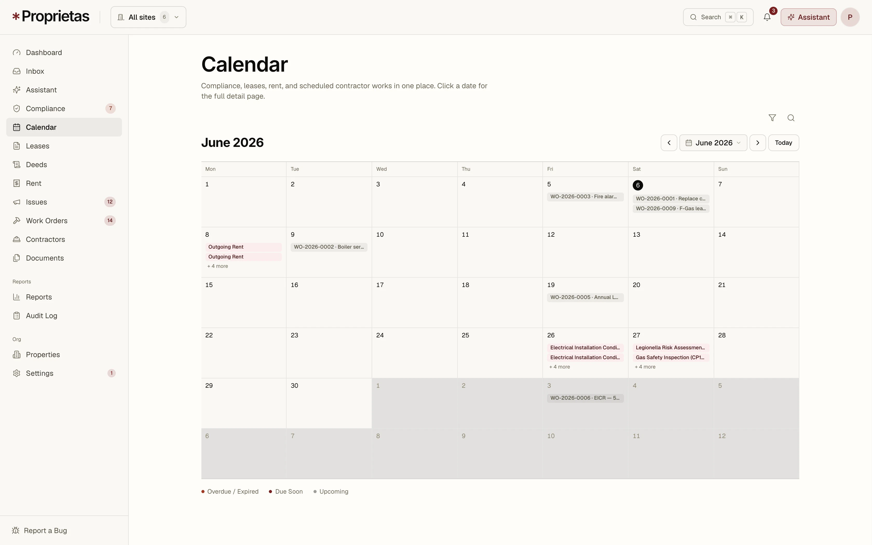The calendar — compliance, leases, rent and scheduled work in one colour-coded month view