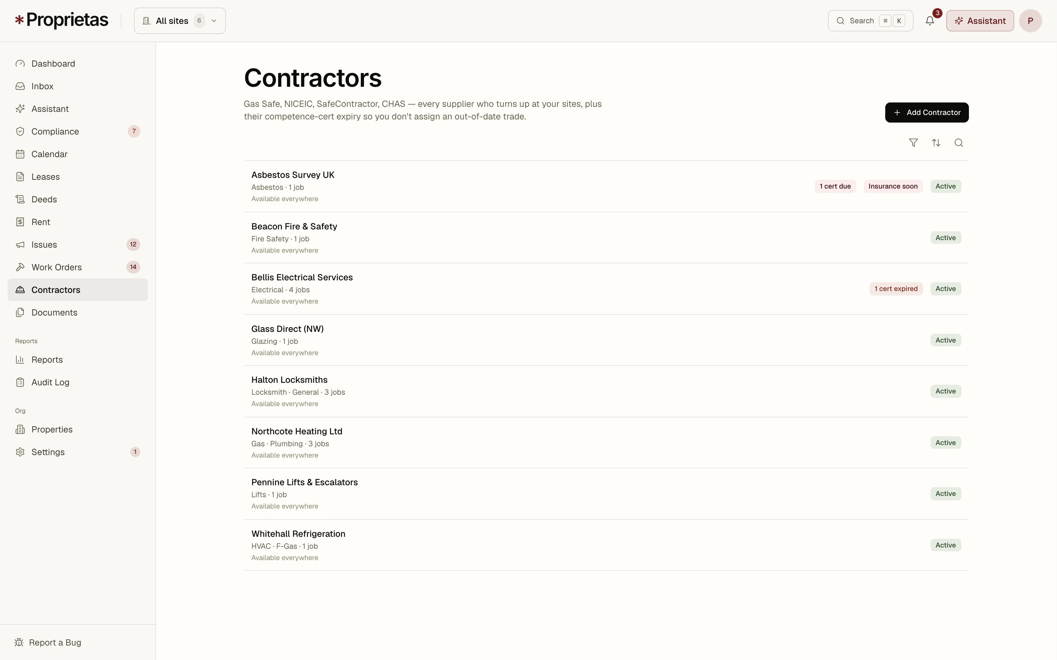 The contractor directory with trades and competence-certificate status
