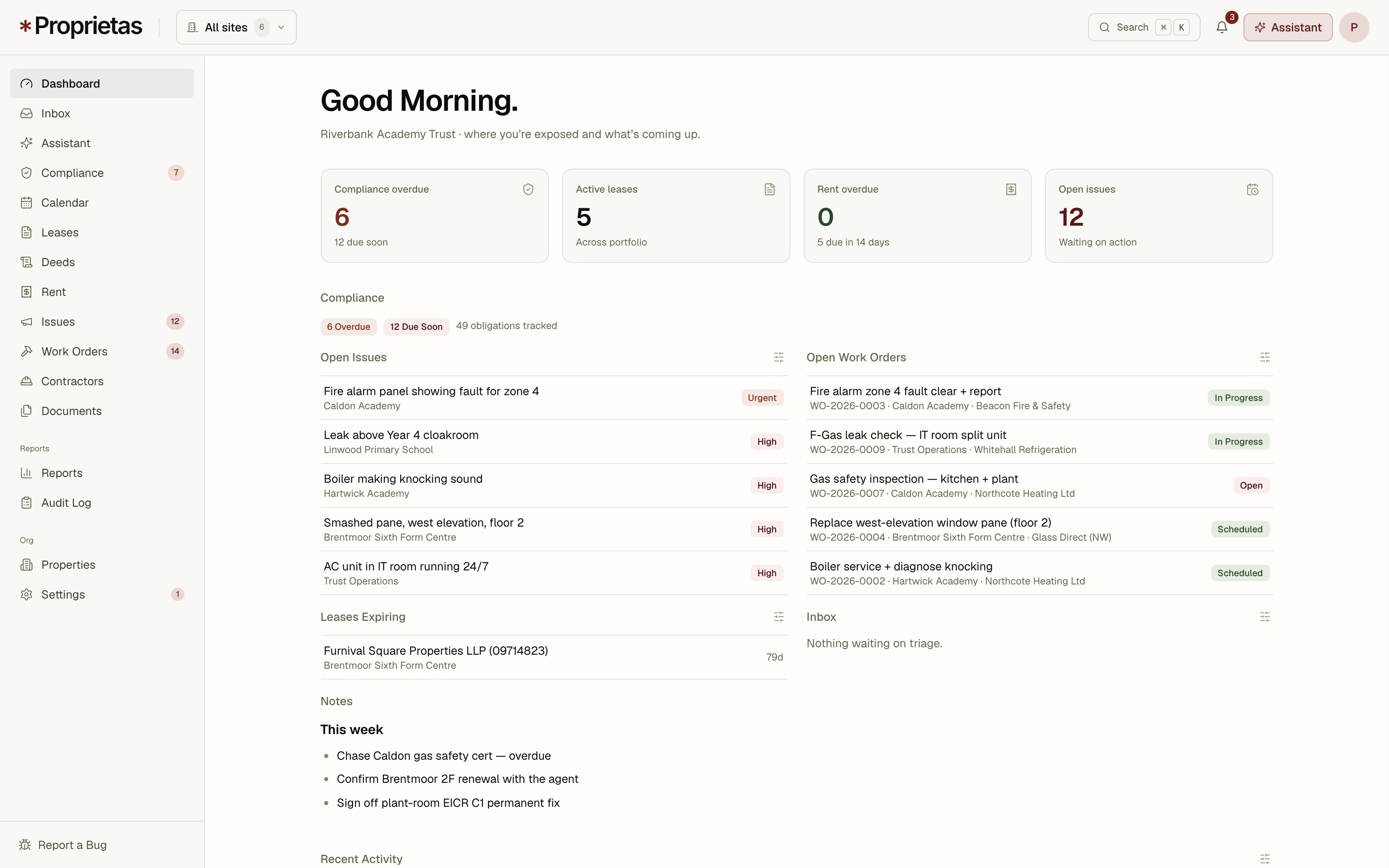 The Proprietas app shell — sidebar, topbar and dashboard
