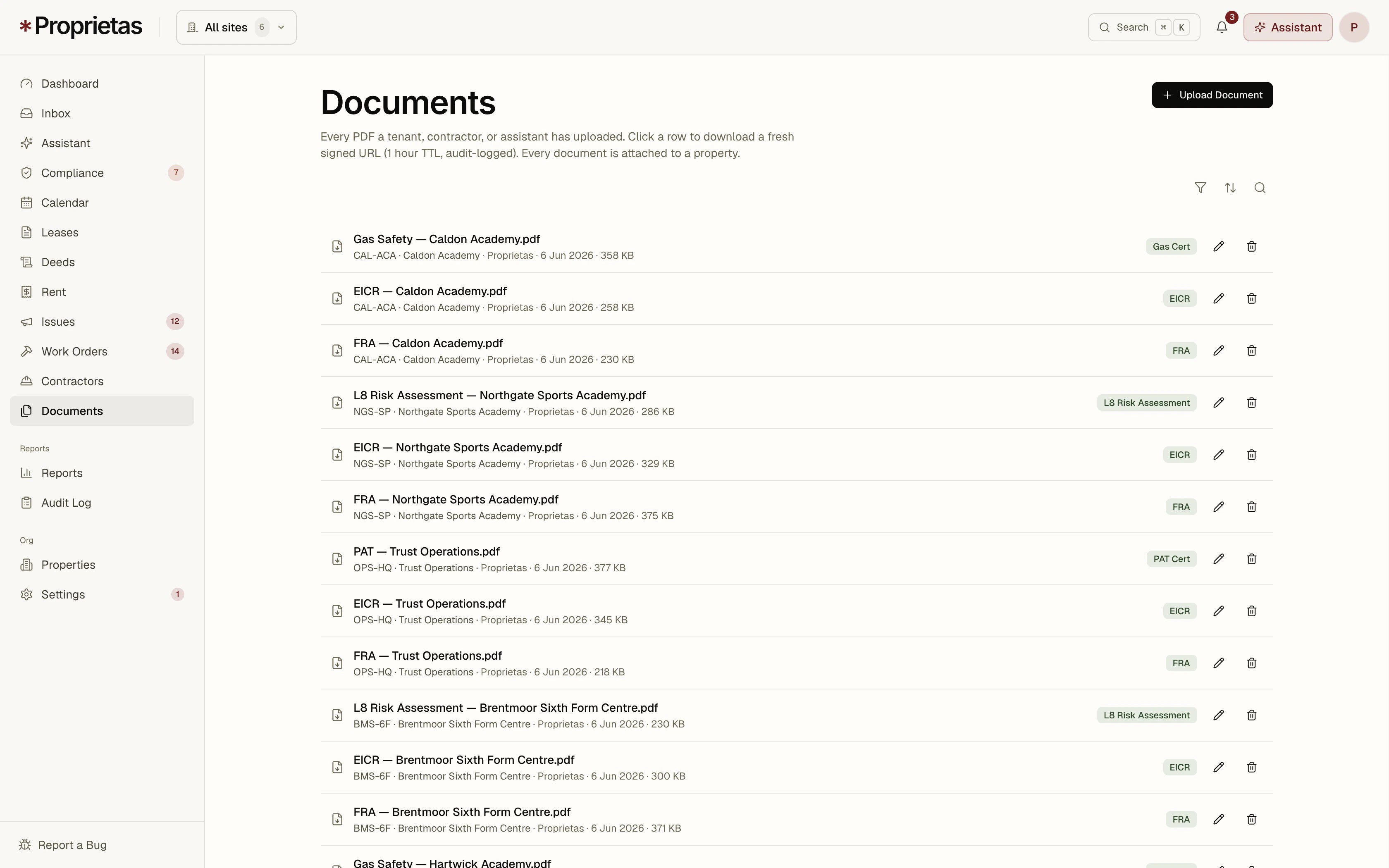 The documents list — every PDF classified, renamed and filed against the right site