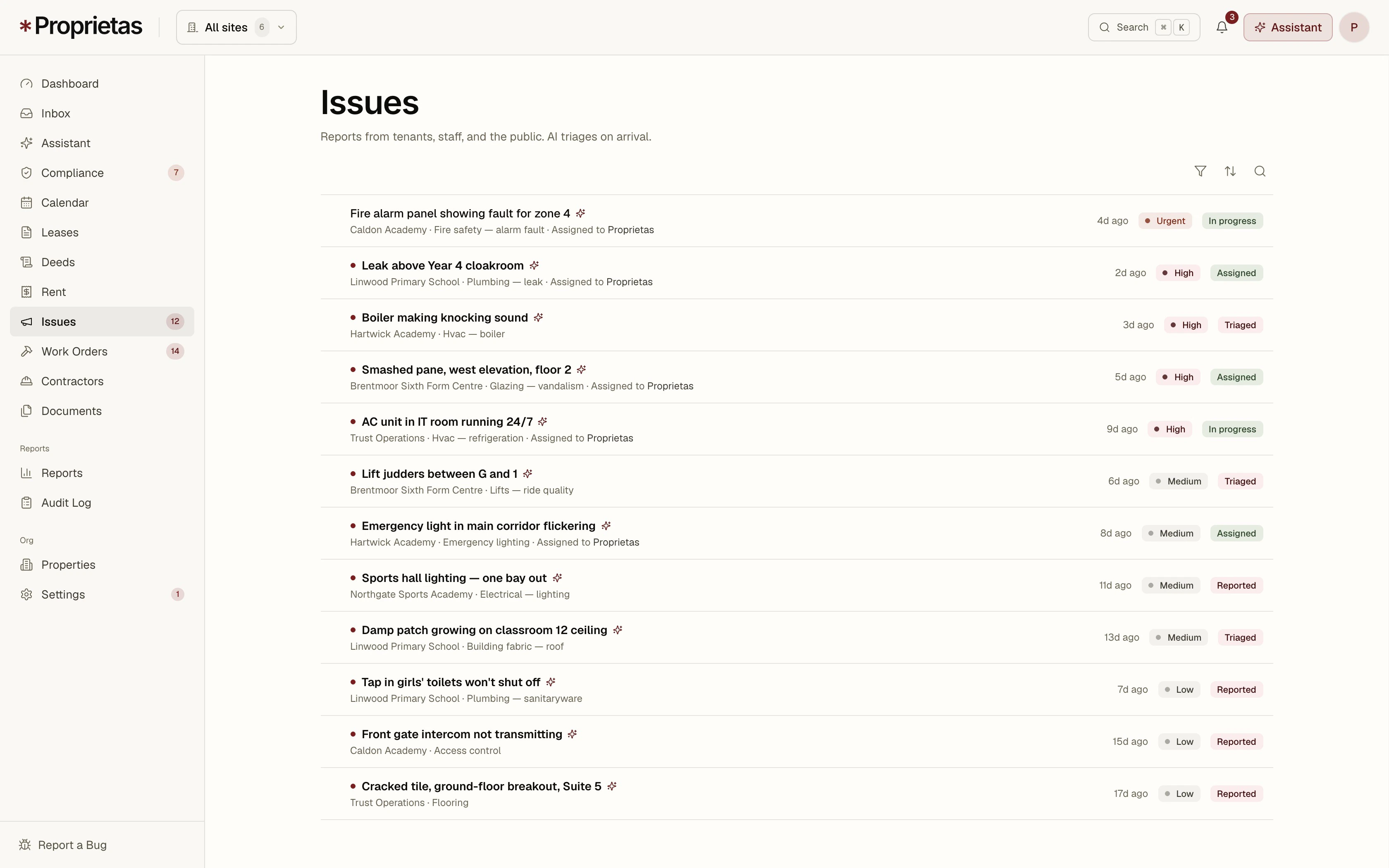 The issues list — status, priority and assignee, working like an inbox