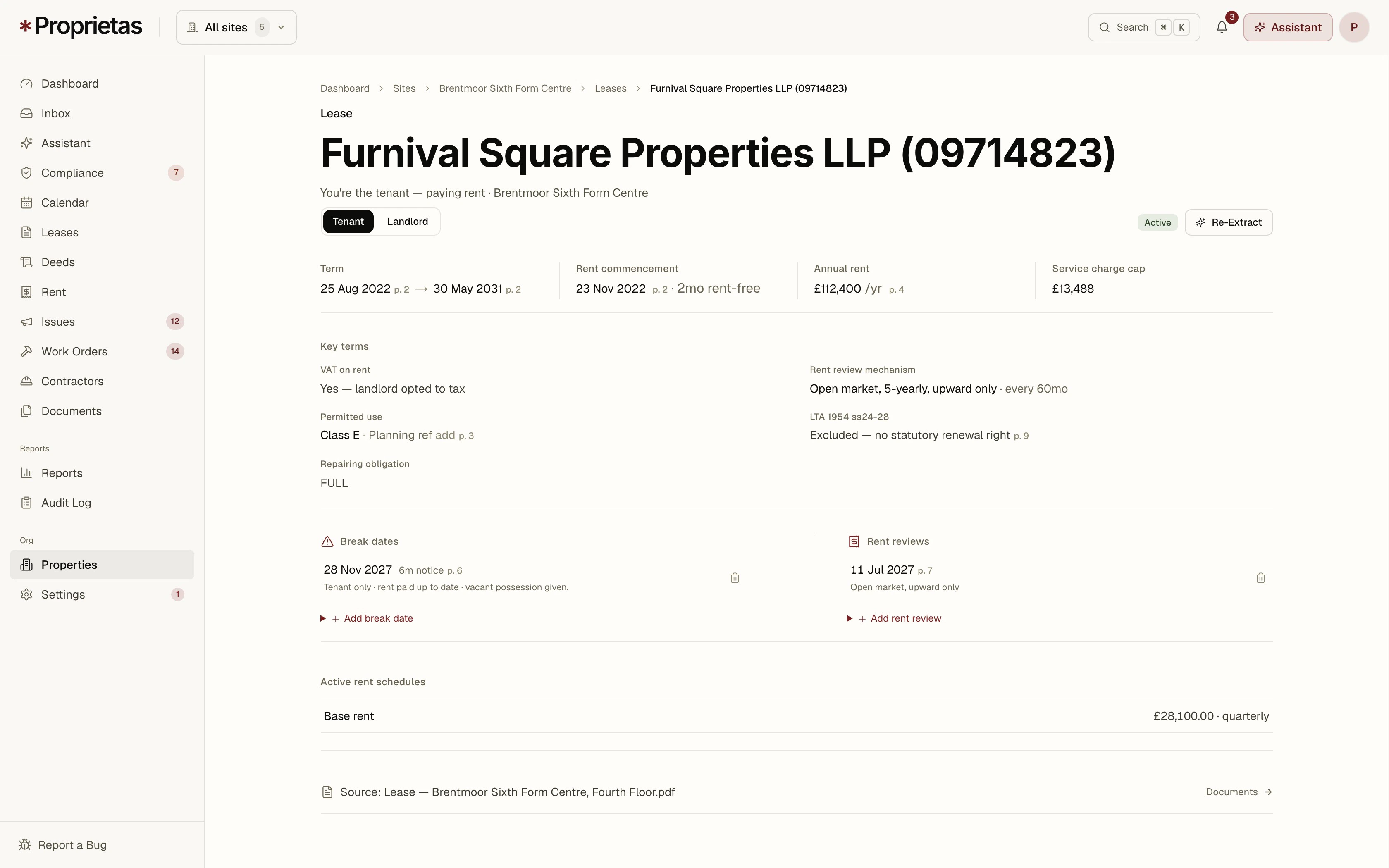 A parsed lease — every figure on one calm page, each cited to its source