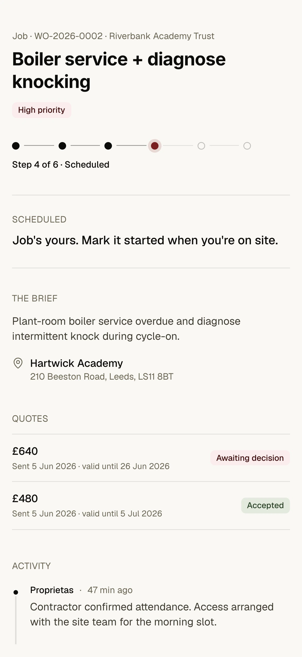 The contractor portal on a phone — the job, competing quotes and the activity thread, no login or app