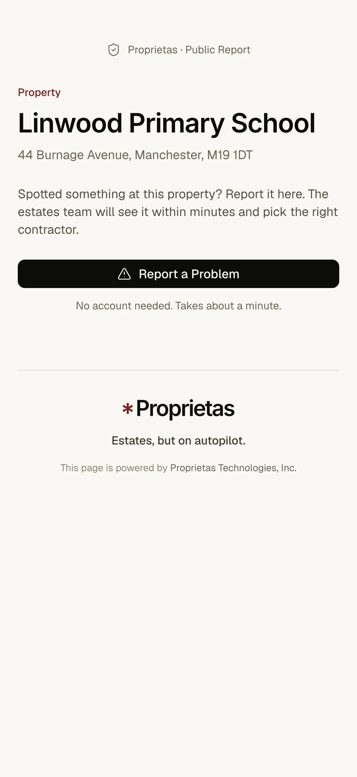 The public report-a-problem flow on a phone — no account, takes about a minute