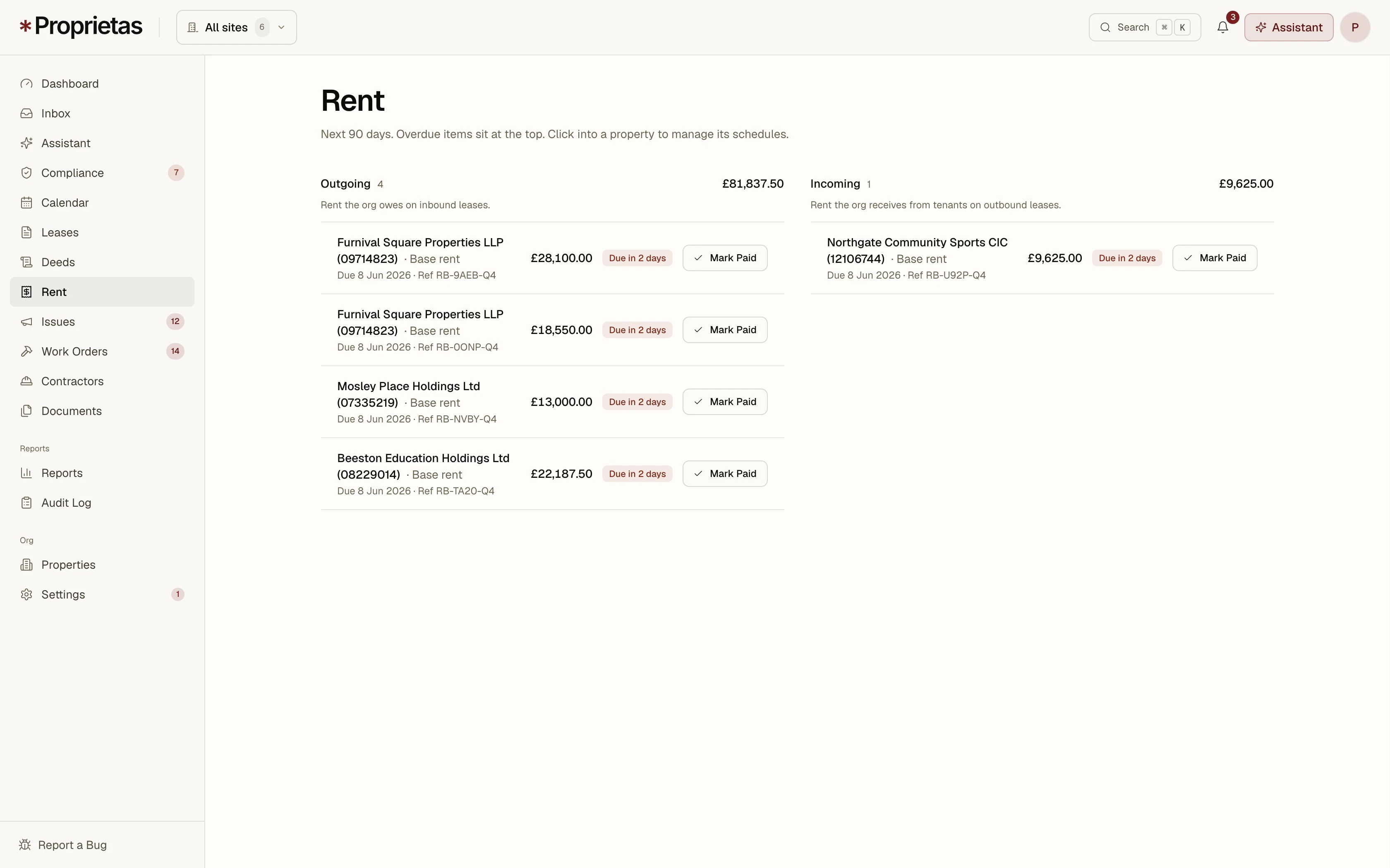 The rent view — outgoing and incoming, with due pills and one-click Mark Paid