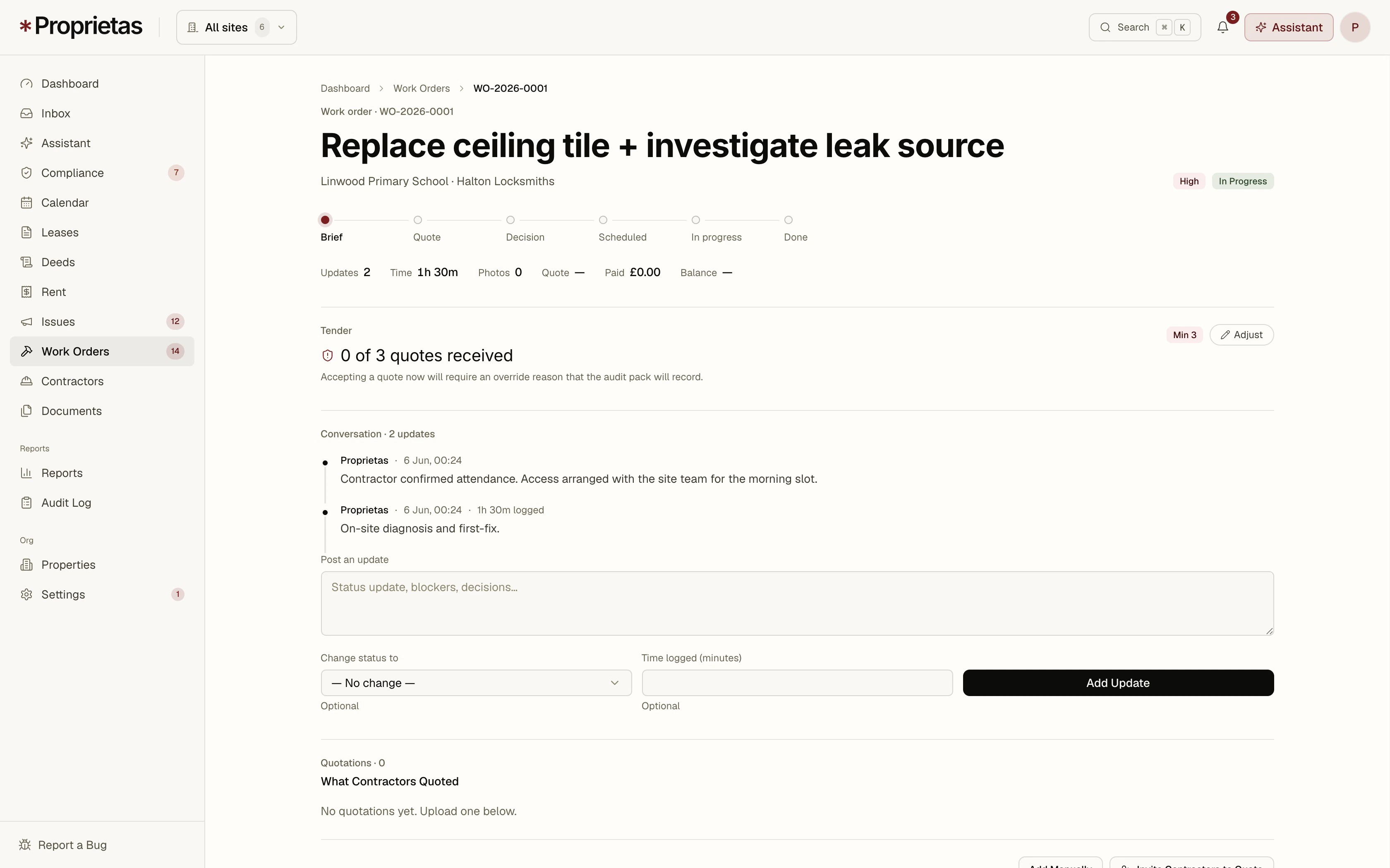 A work order — stage tracker, tender gating, quotes, payments and the update thread