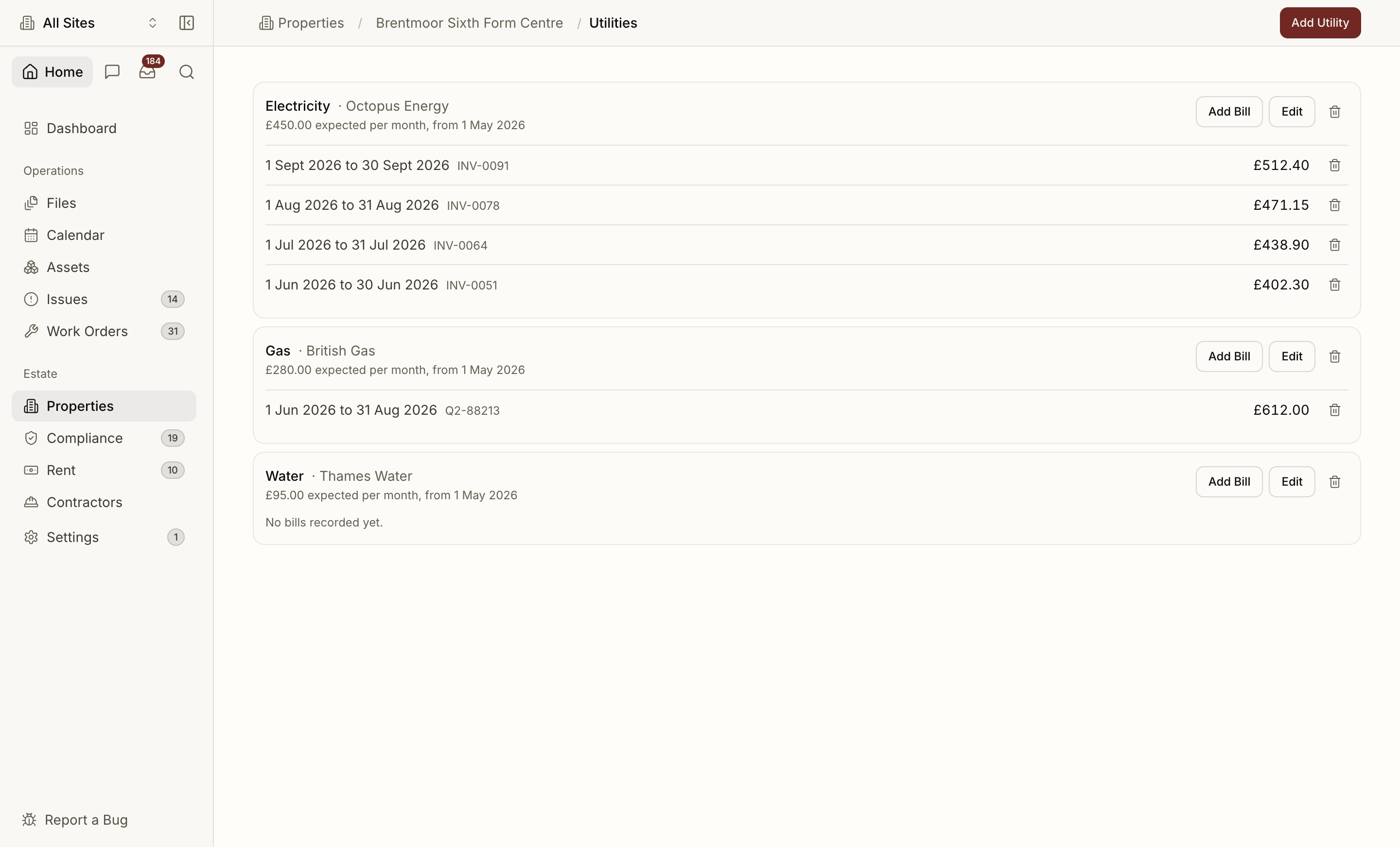 A site's utilities page listing electricity, gas and water supplies with their recorded bills