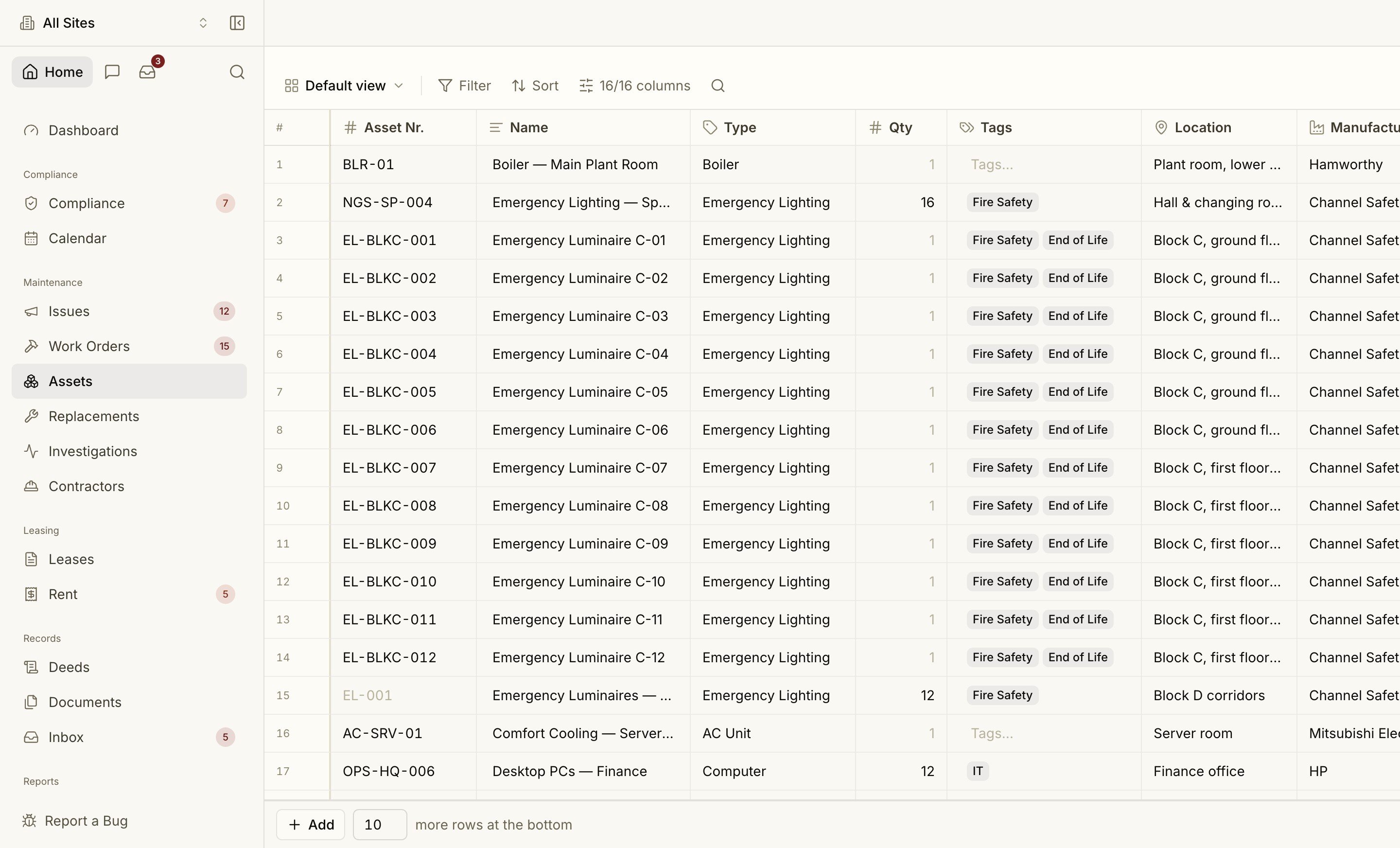 The org-wide asset register as a spreadsheet-style data grid