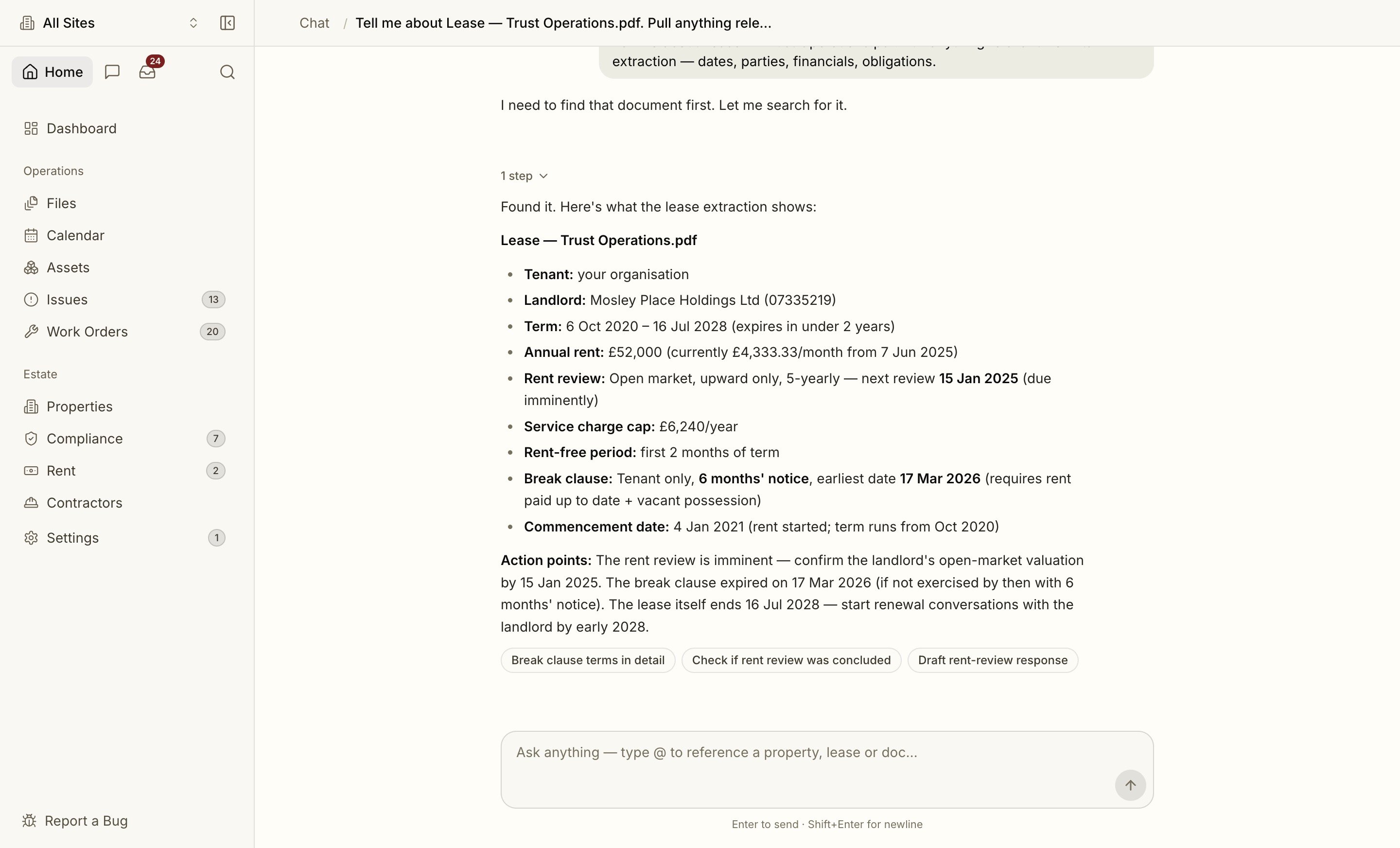 The Proprietas assistant answering from live portfolio data