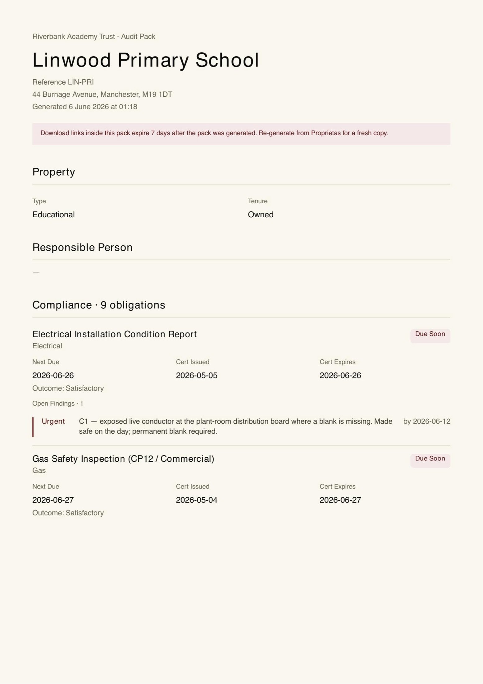 A generated audit-pack PDF — property, responsible person, and every obligation with its certificate and findings
