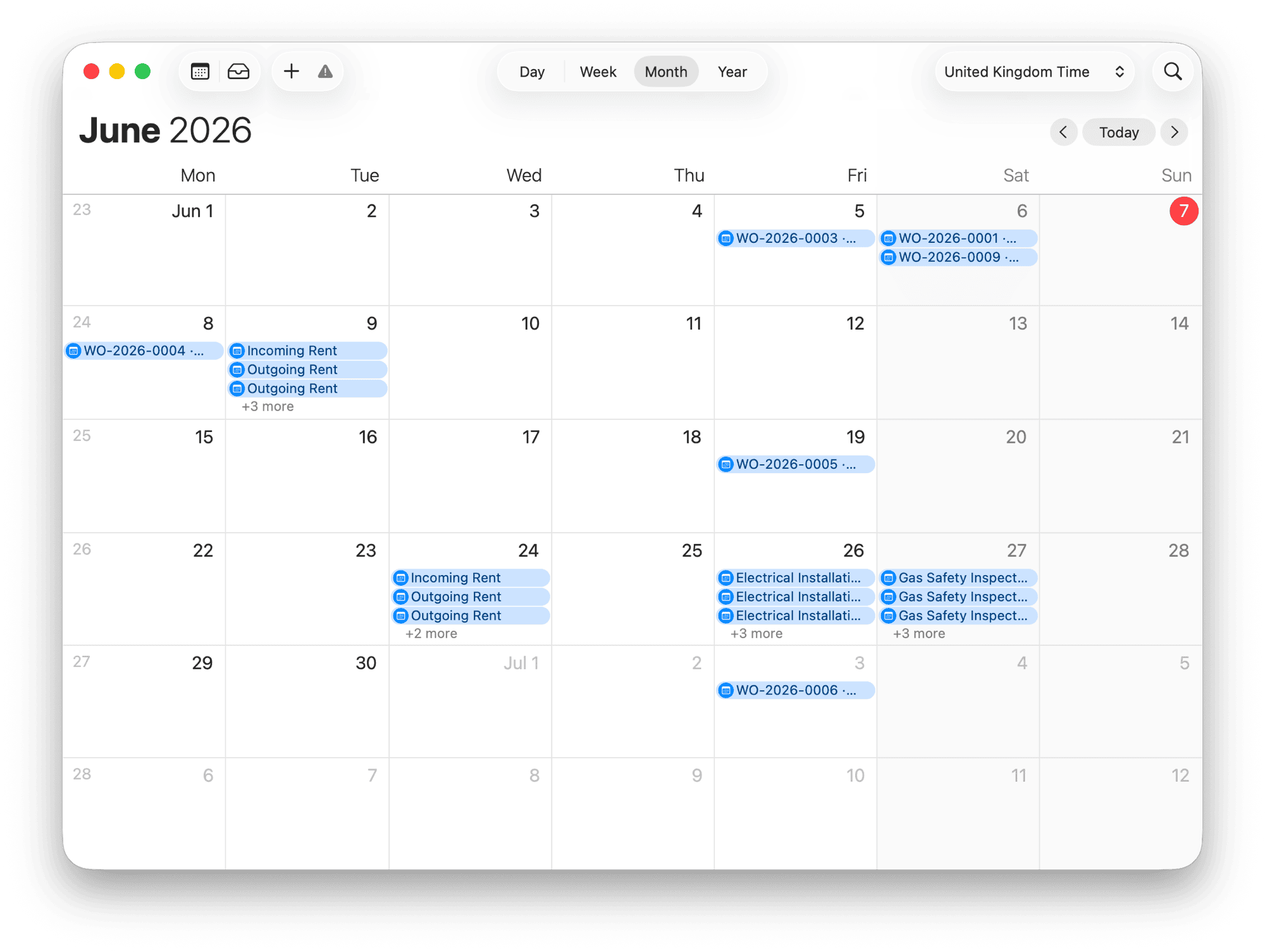 A Proprietas portfolio subscribed into Apple Calendar — compliance, rent and work orders alongside everything else