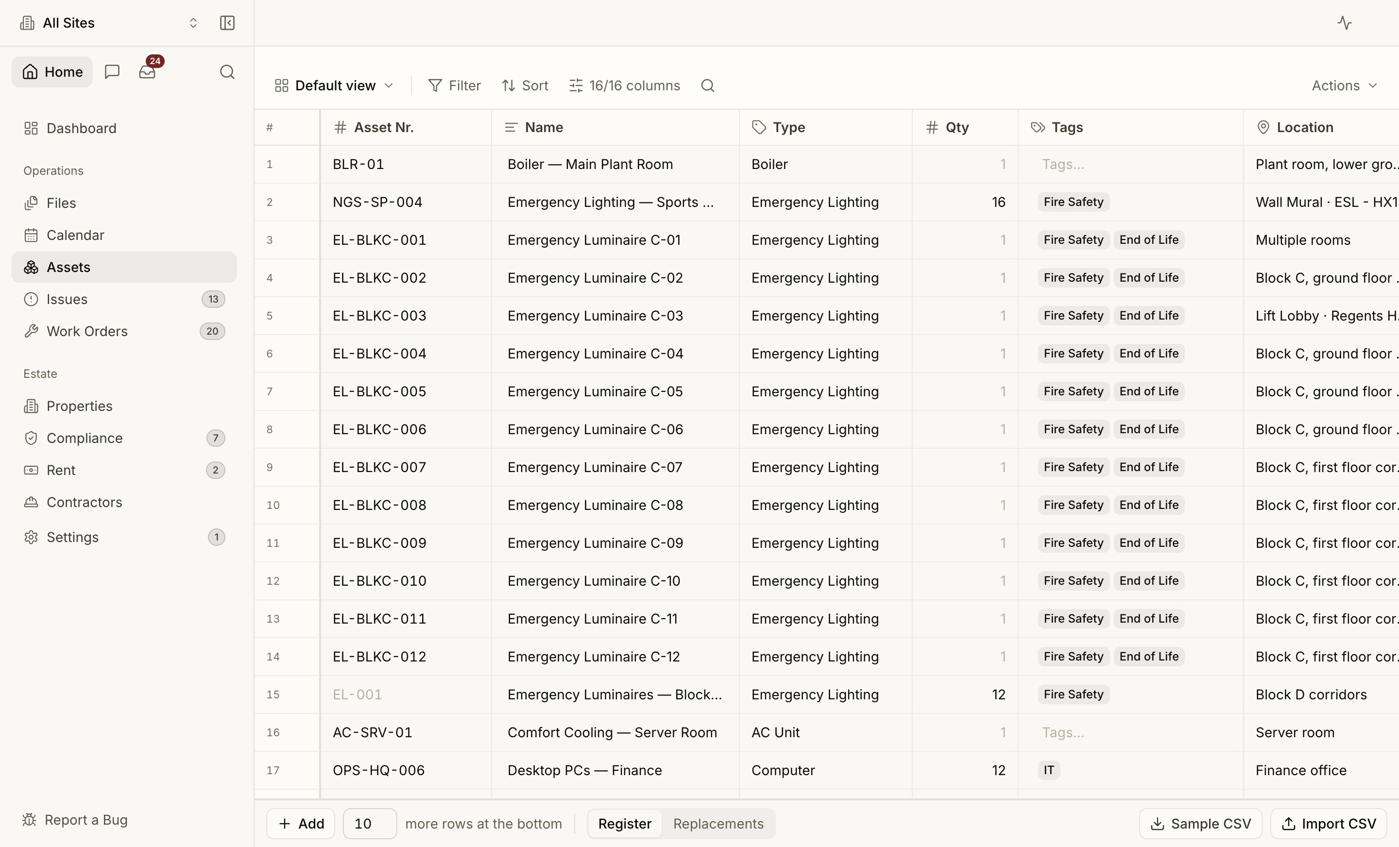 The org-wide asset register as a spreadsheet-style data grid
