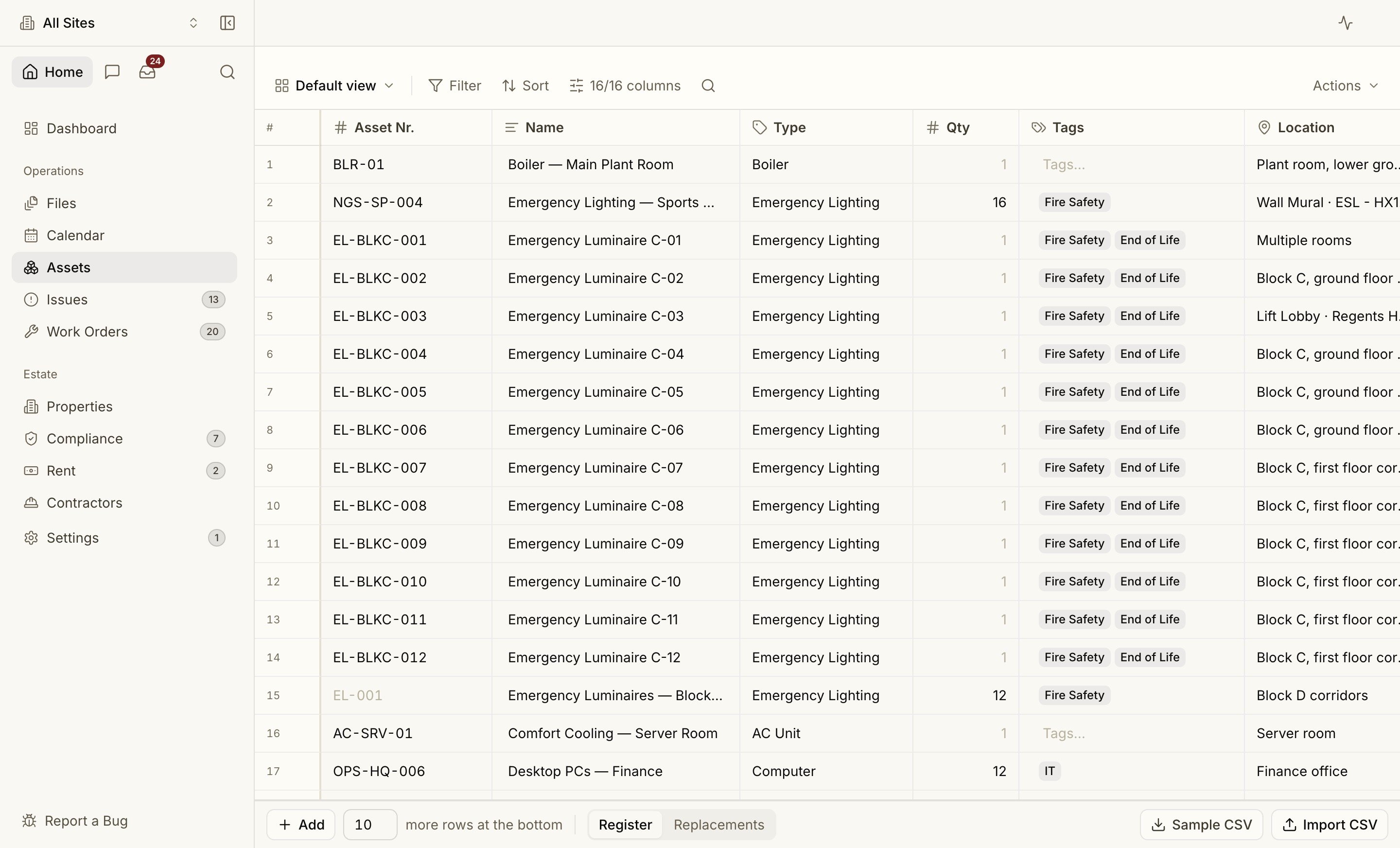 The org-wide asset register as a spreadsheet-style data grid