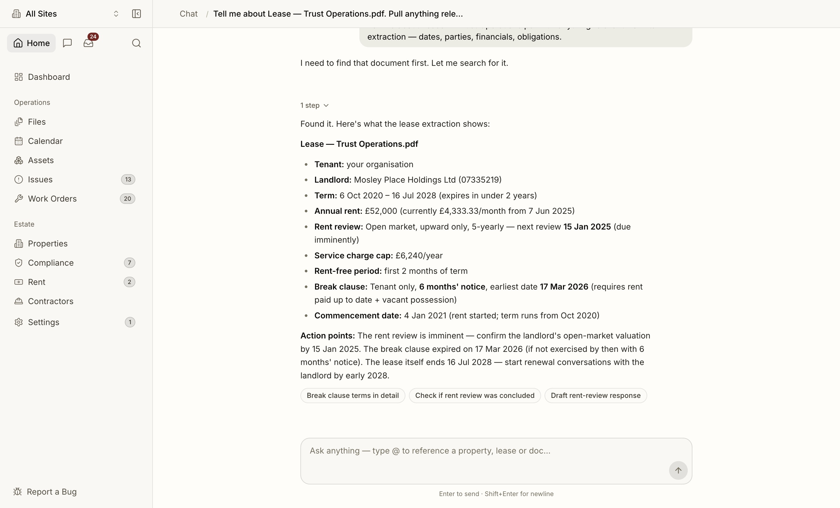 The Proprietas assistant answering from live portfolio data