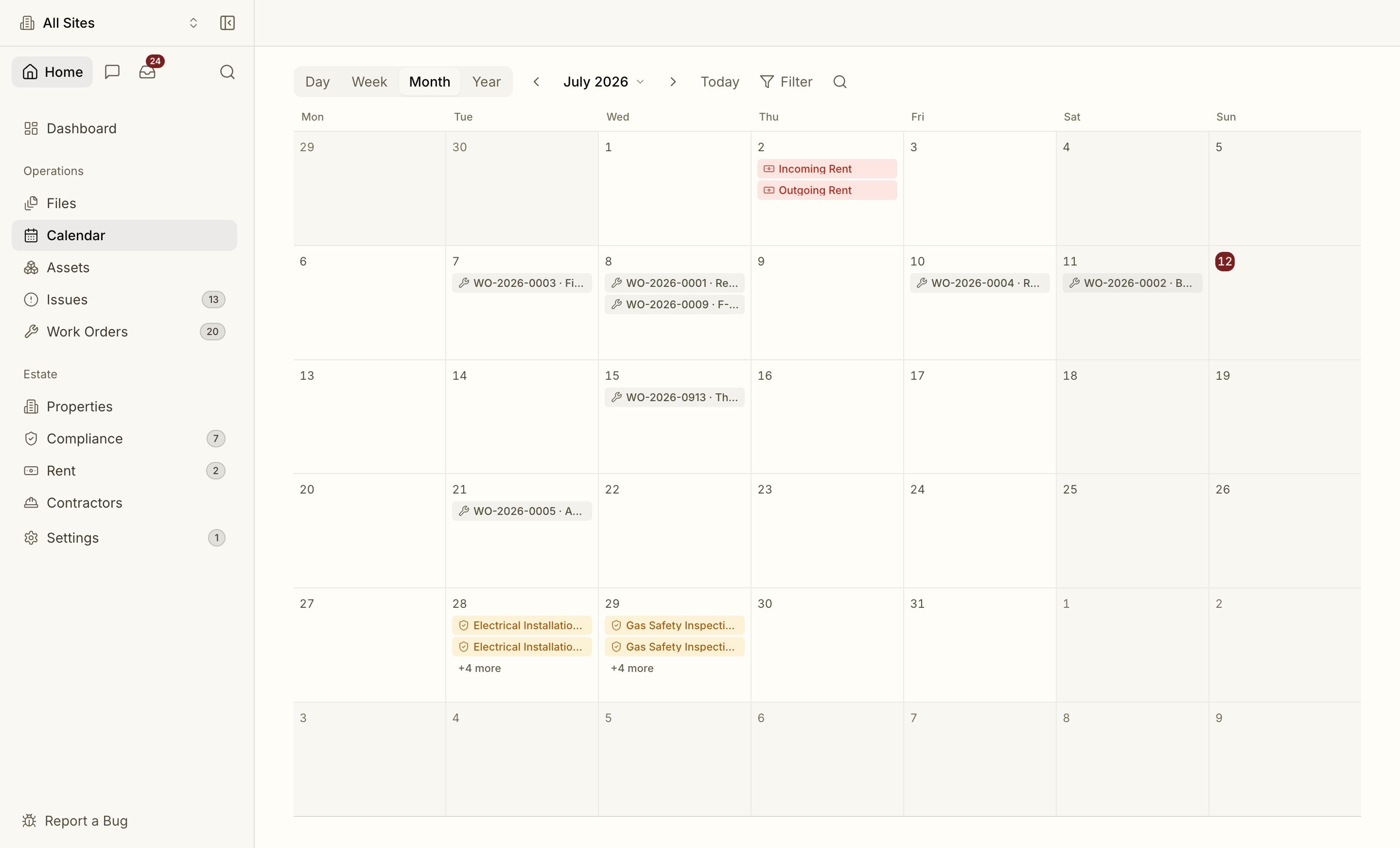 The calendar — compliance, leases, rent and scheduled work in one colour-coded month view
