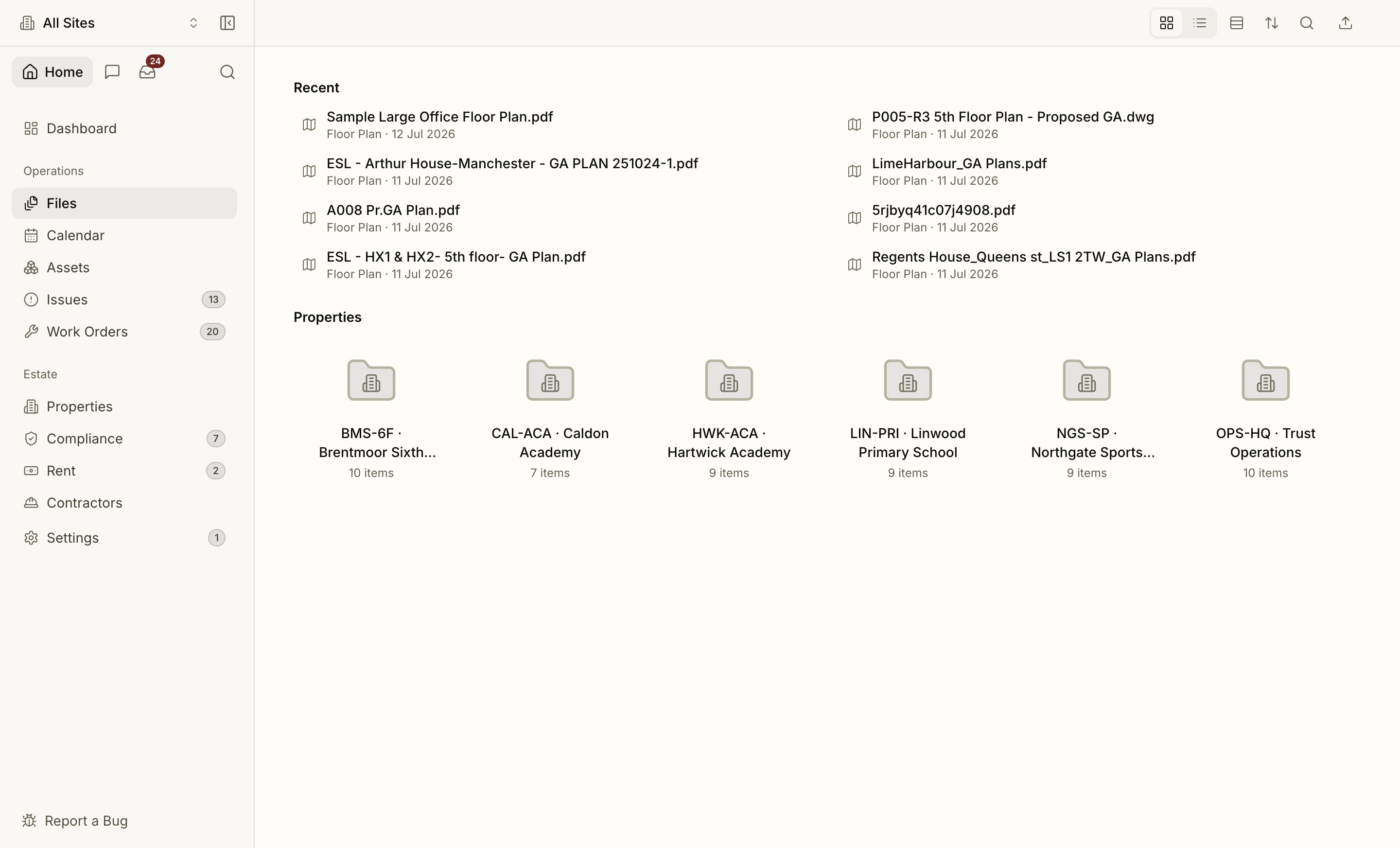 The documents list — every PDF classified, renamed and filed against the right site
