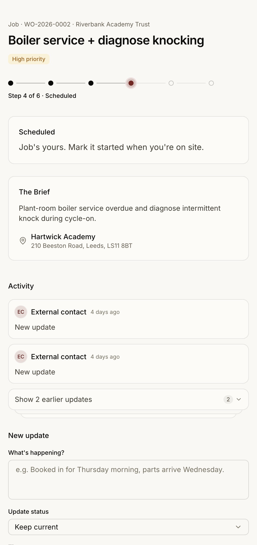 The contractor portal on a phone — no account, work orders and certificate upload in the field