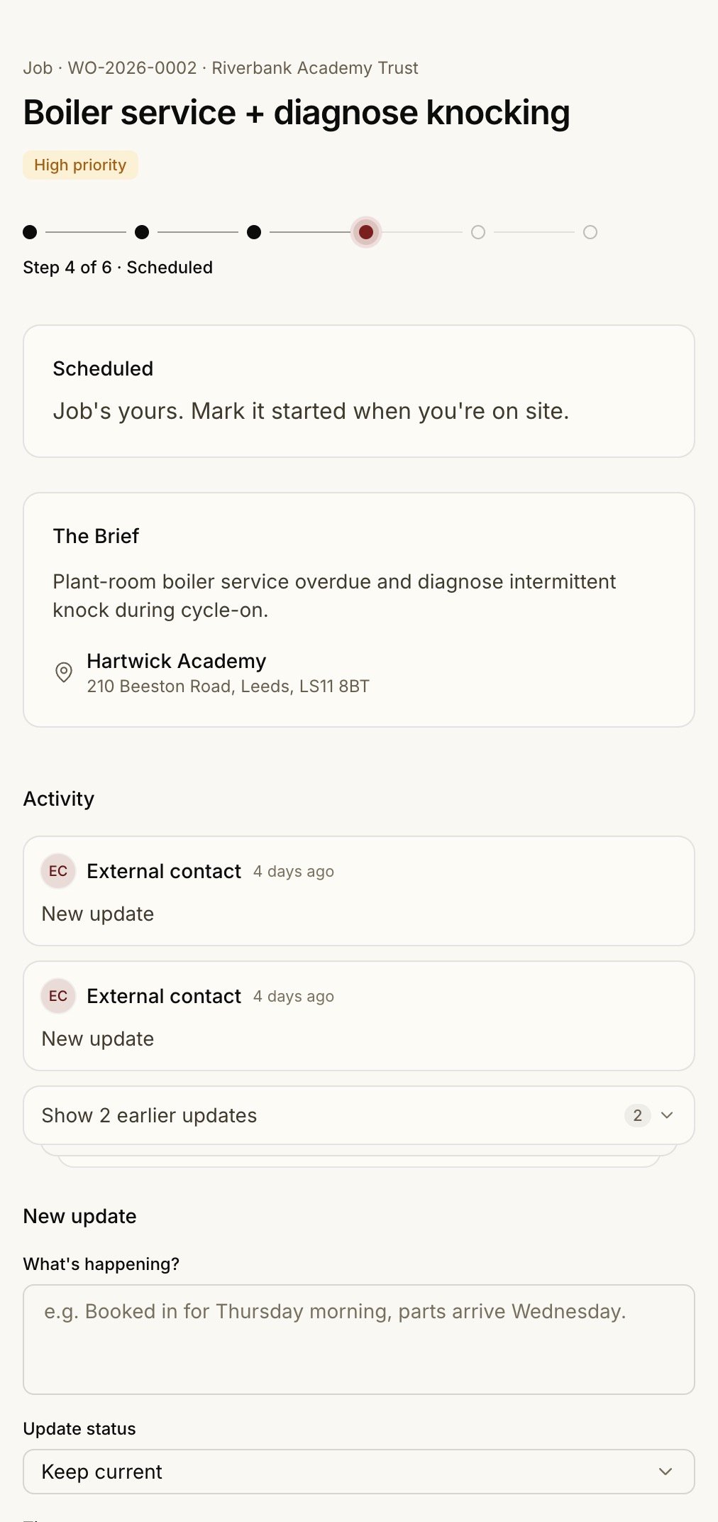 The contractor portal on a phone — no account, work orders and certificate upload in the field