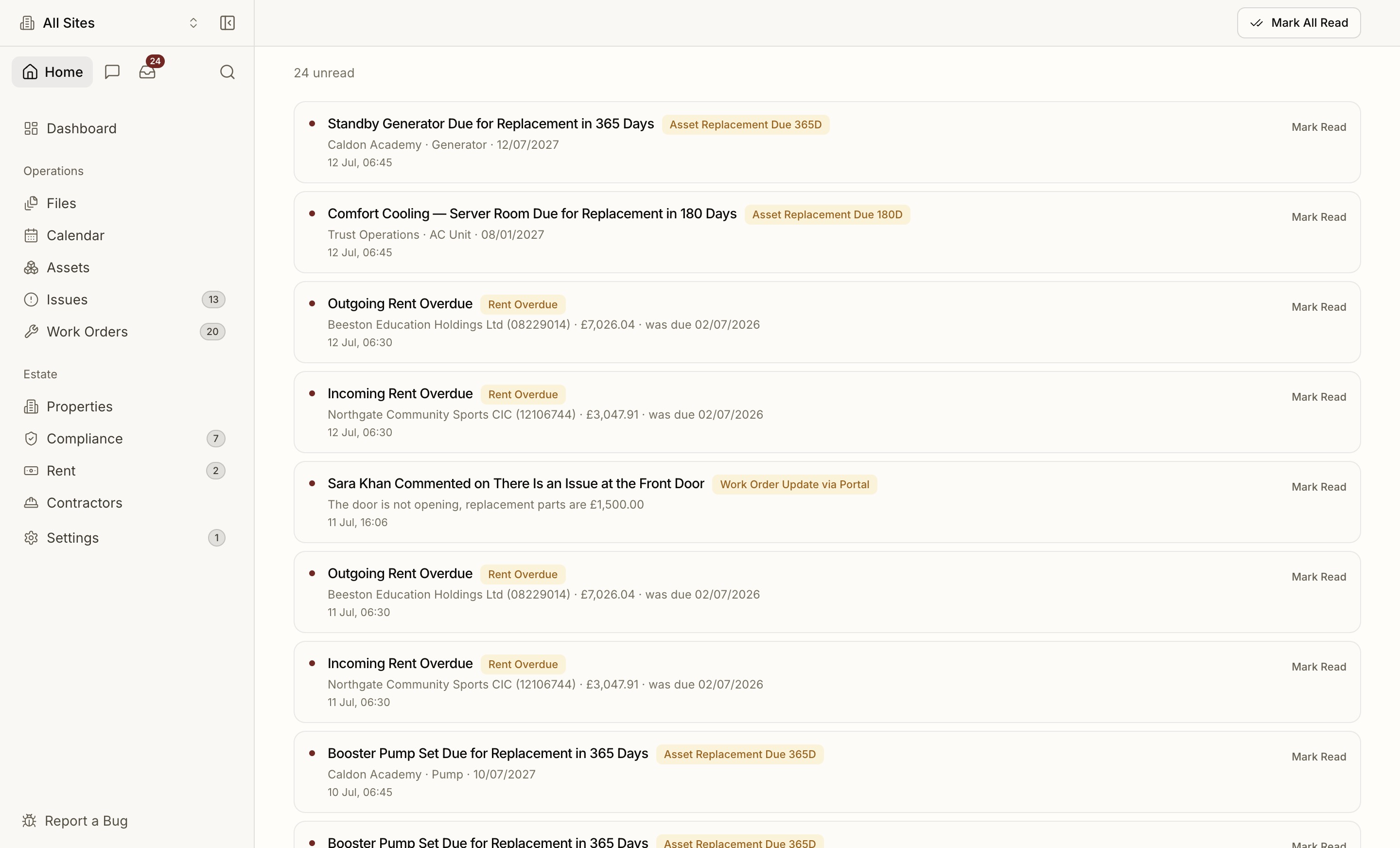 The notifications feed — compliance, rent, members and work, read and unread