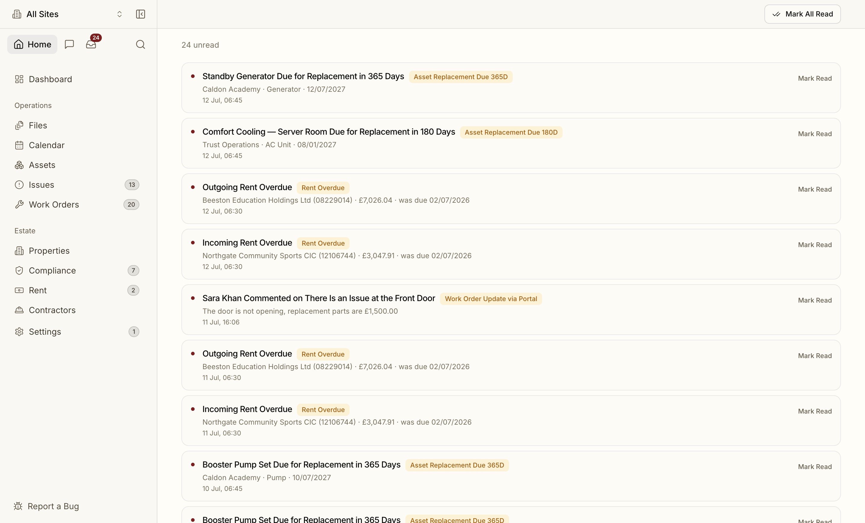 The notifications feed — compliance, rent, members and work, read and unread